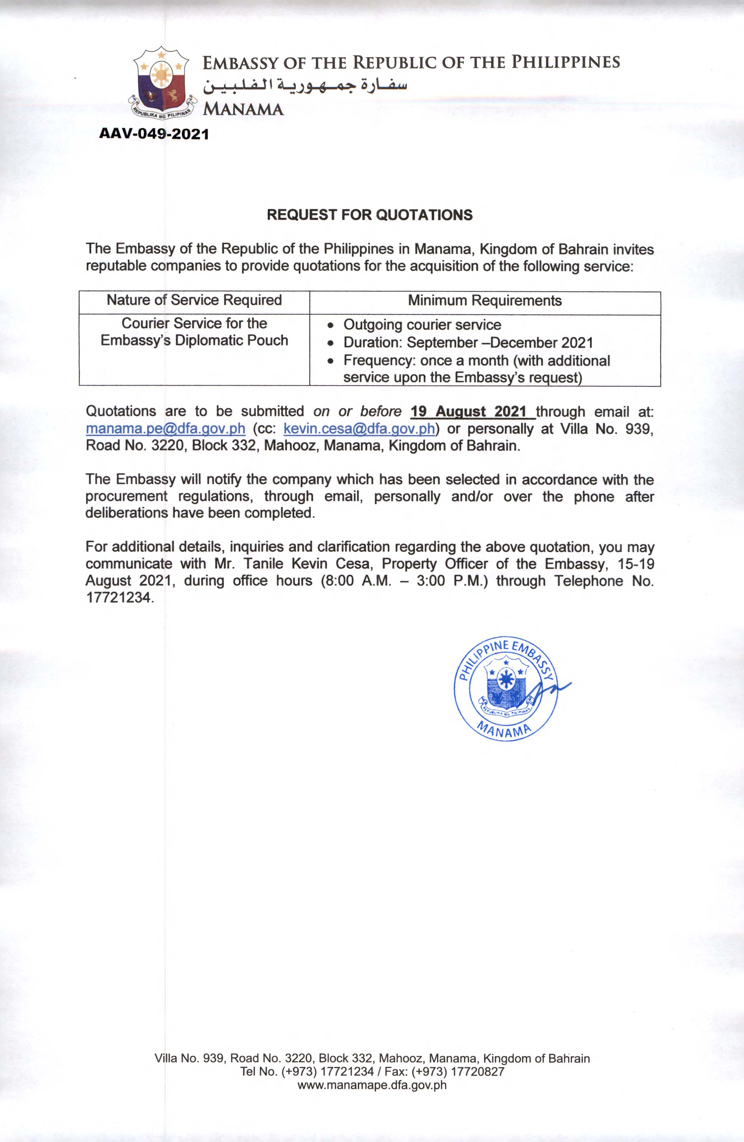 AAV 049 2021 Request for Quotations for the Acquisition of a Courier Service for the Embassys Diplomatic Pouch