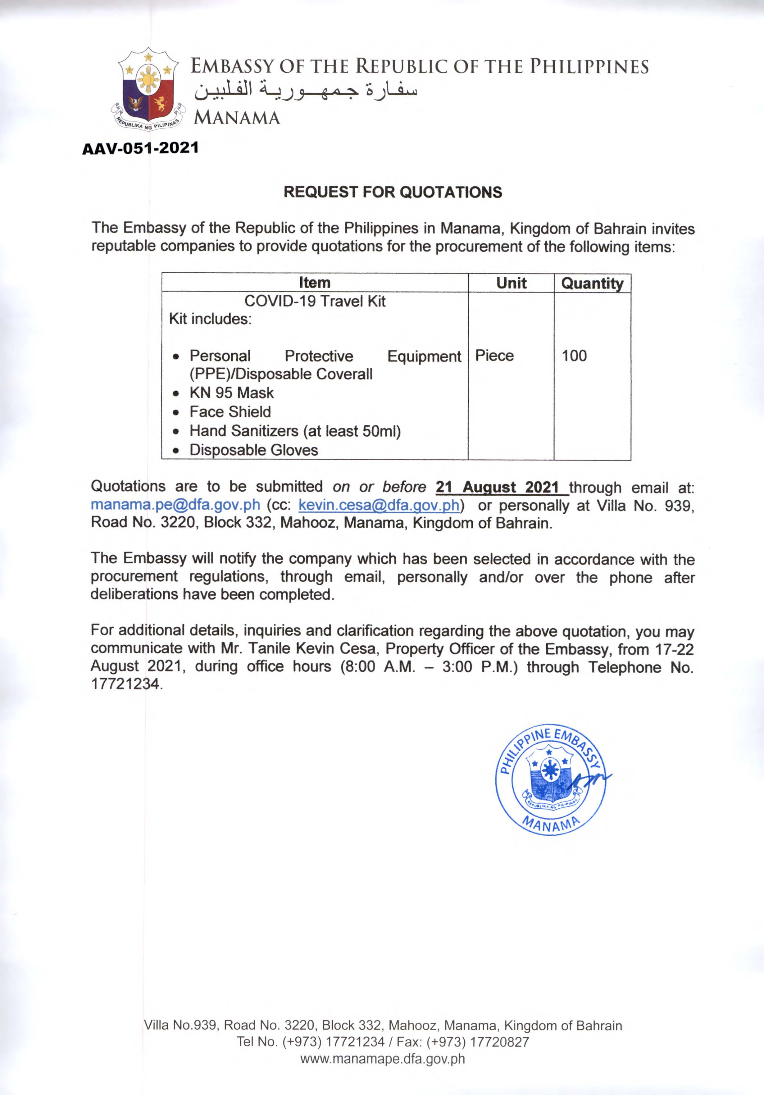 AAV 051 2021 Request for Quotations for the Procurement of COVID 19 Travel Kits