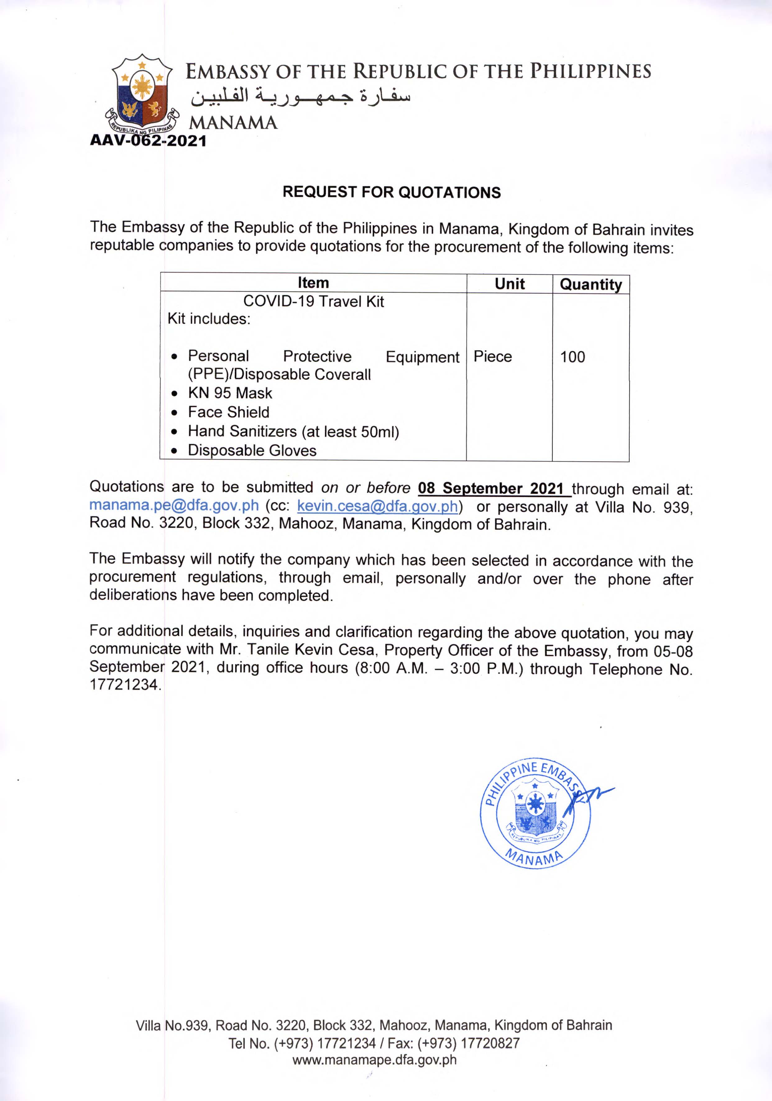 AAV 062 2021 Request for Quotations for the Procurement of COVID 19 Travel Kit