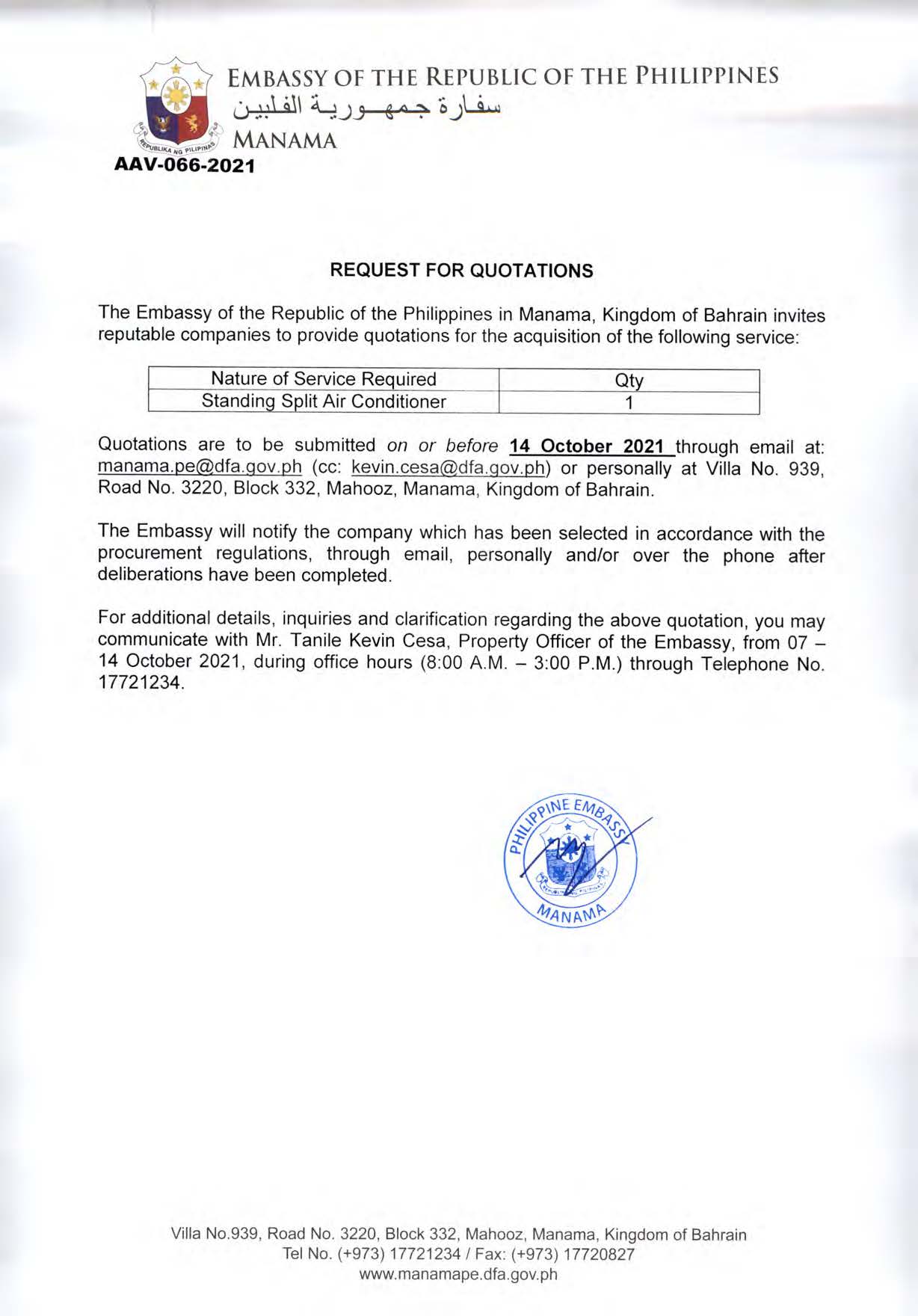 AAV 066 2021 Request for Quotations for the Acquisition of Standing Split Conditioner