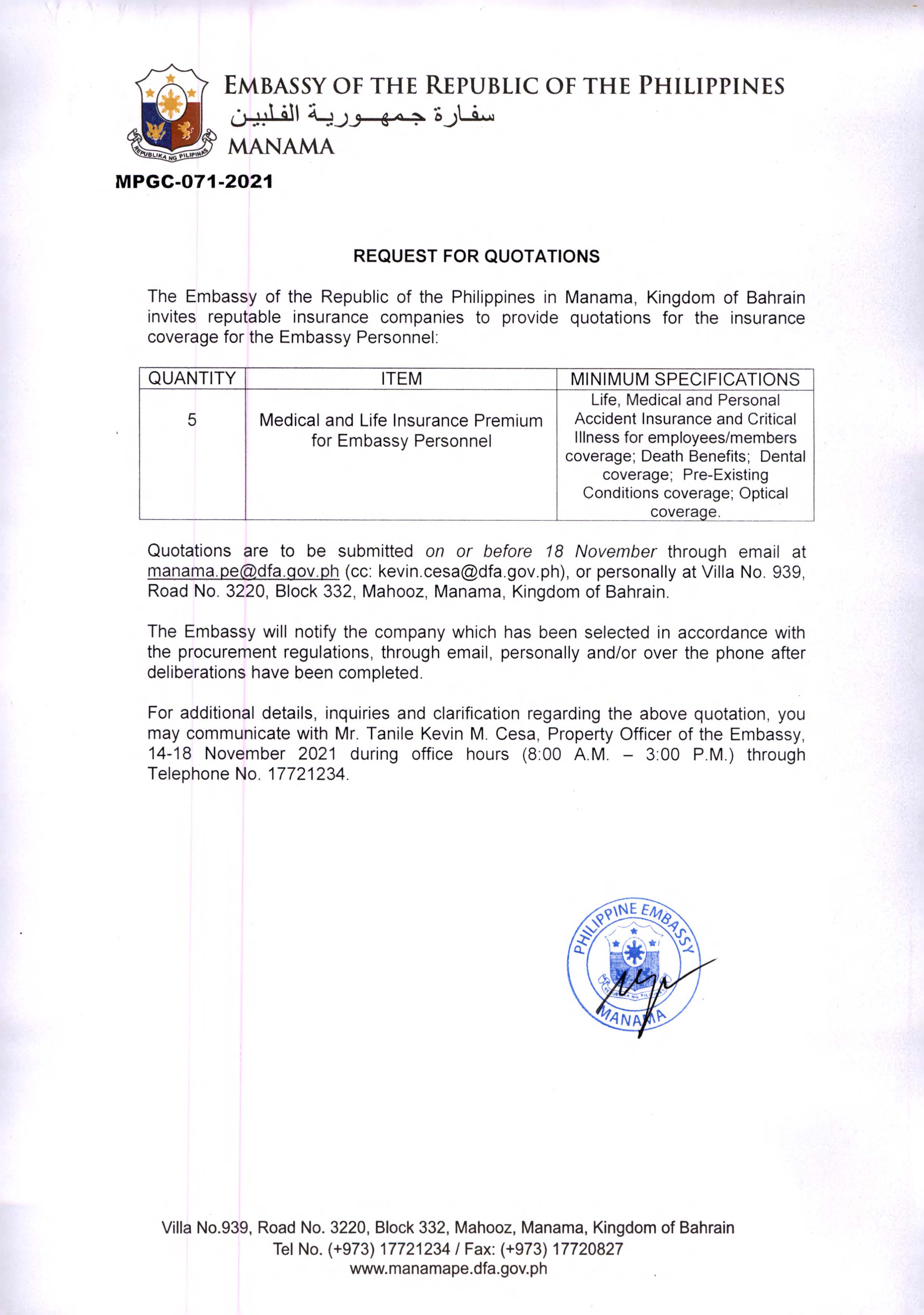 AAV 071 2021 Request for Quotations for the Insurance Coverage for the Embassy Personnel