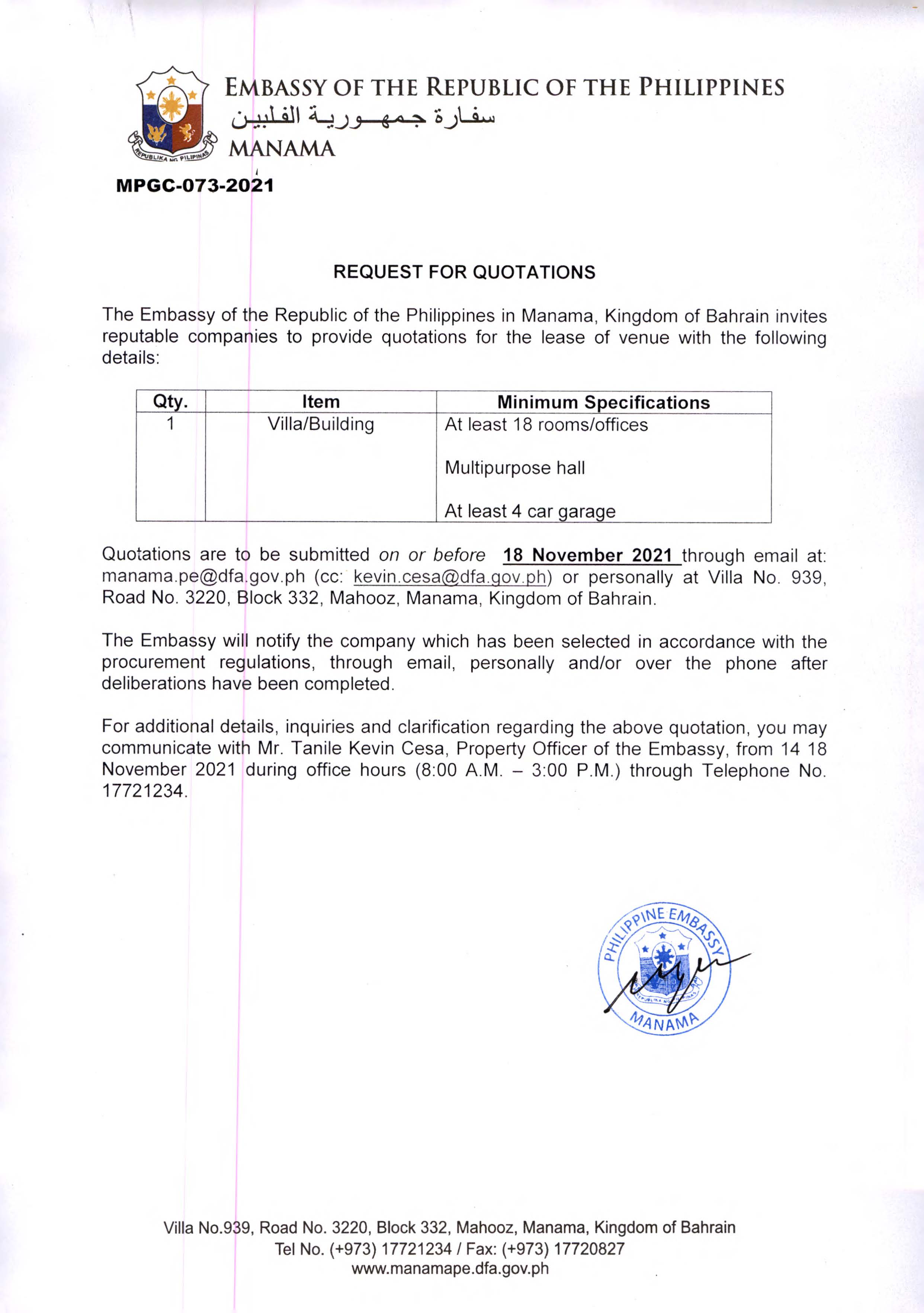 AAV 073 2021 Request for Quotations for the Lease of Venue Villa or Building