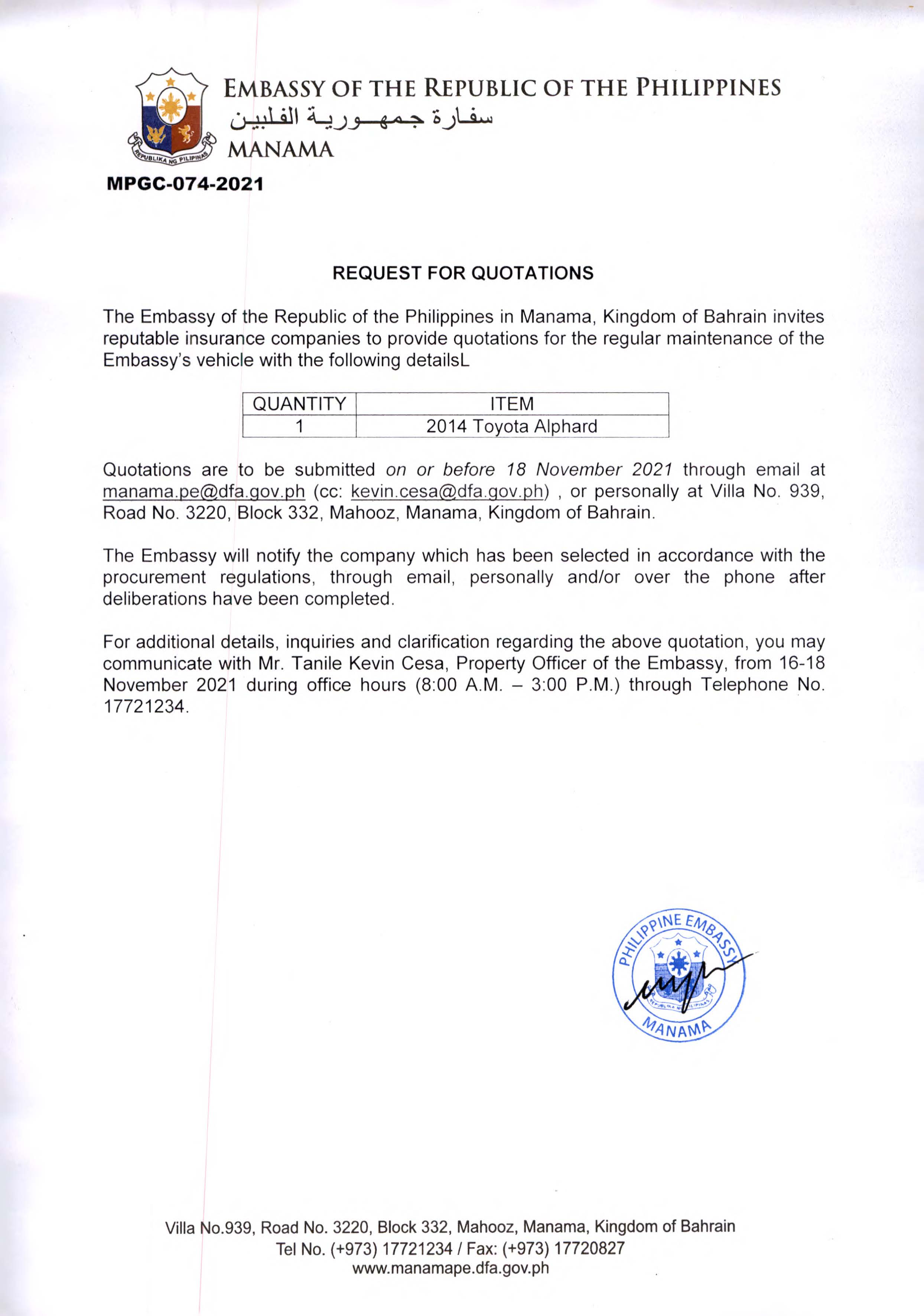 MPGC 074 2021 Request for Quotations for the Regular Maintenance of the Embassys Vehicle
