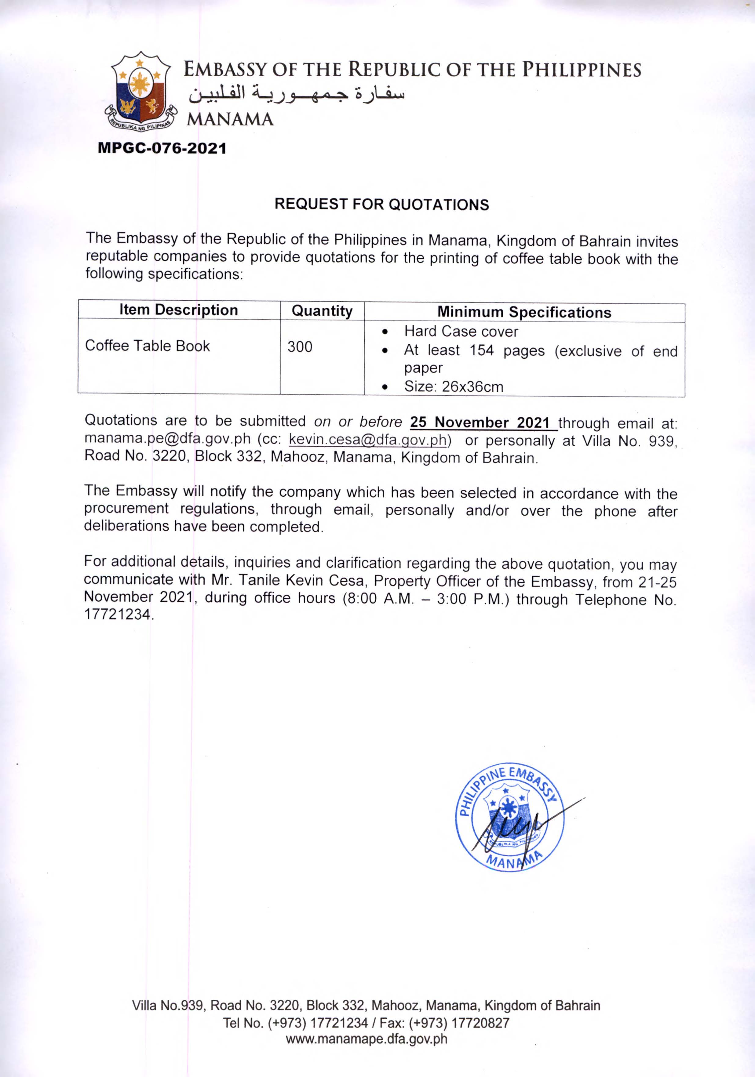 MPGC 076 2021 Request for Quotations for Printing of Coffe Table Book
