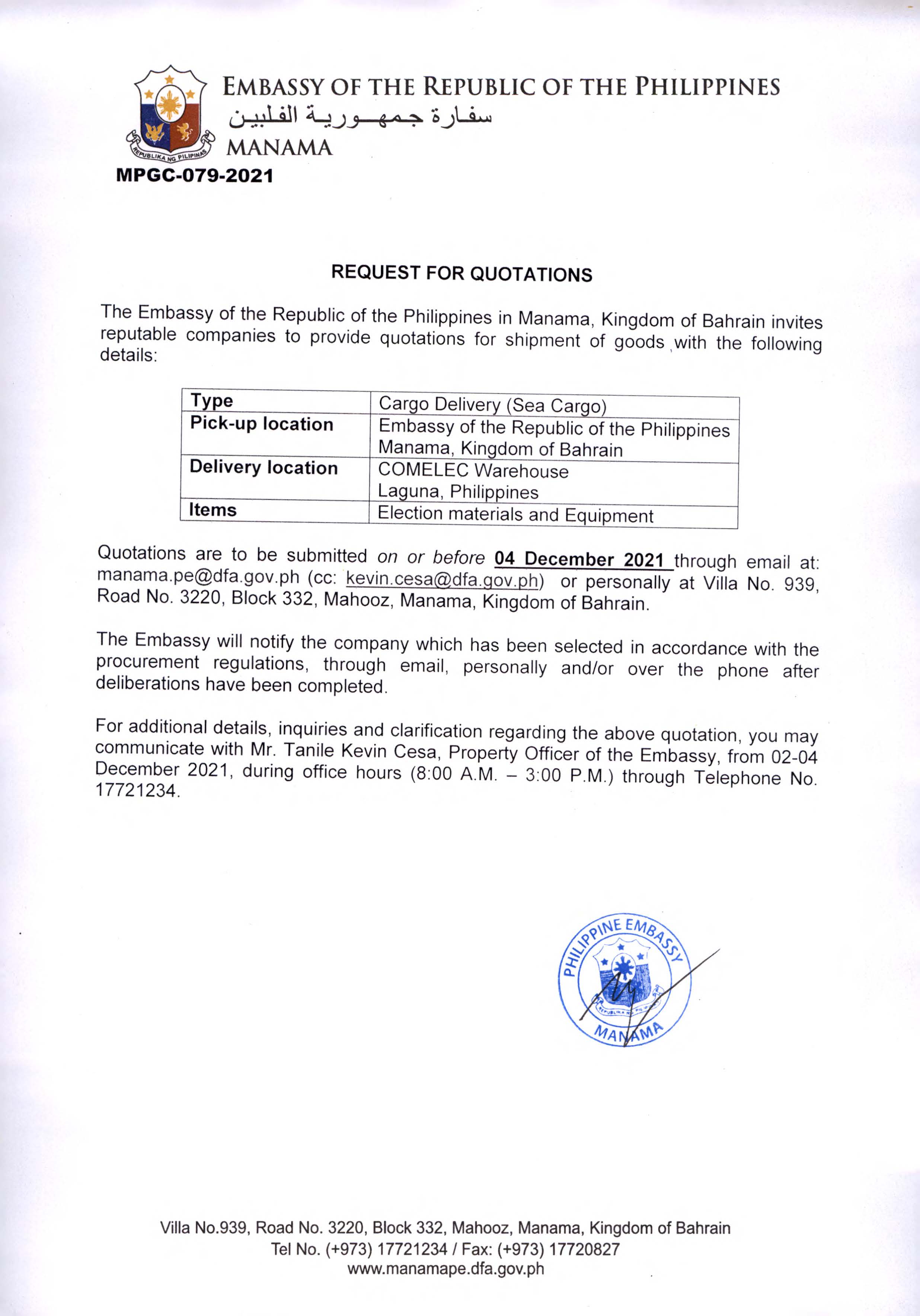 MPGC 079 2021 Request for Quotations for the Shipment of Goods Sea Cargo