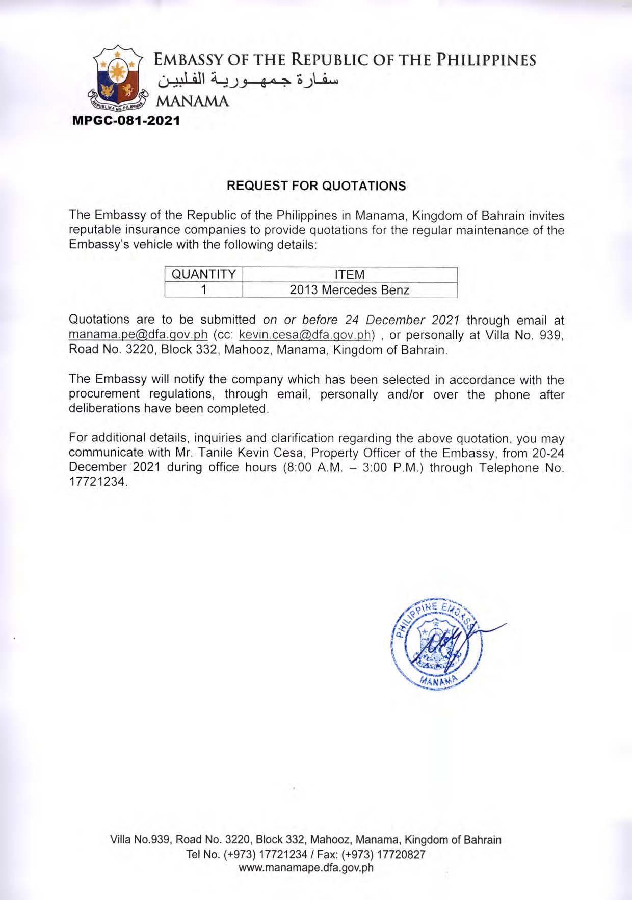 MPGC 081 2021 Request for Quotations for the Regular Maintenance of the Embassys Vehicle