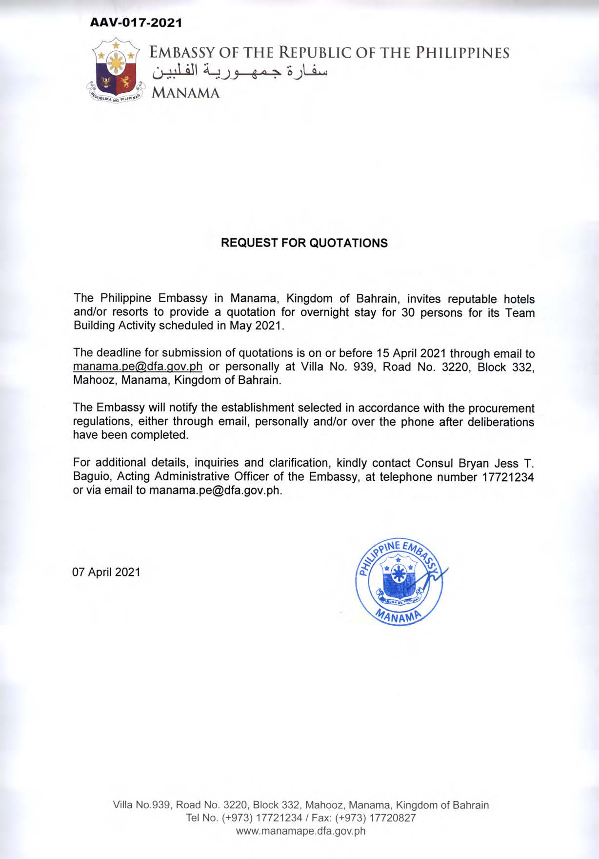 AAV 017 2021 Request for Quotations for Overnight Stay for 30 persons for its Team Building Activity Scheduled for May 2021
