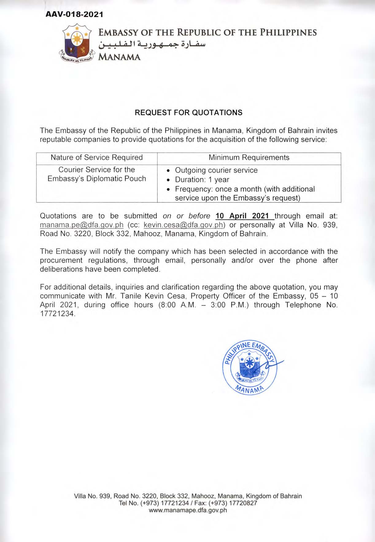 AAV 018 2021 Request for Quotations for the Courier Service for the Embassys Diplomatic Pouch