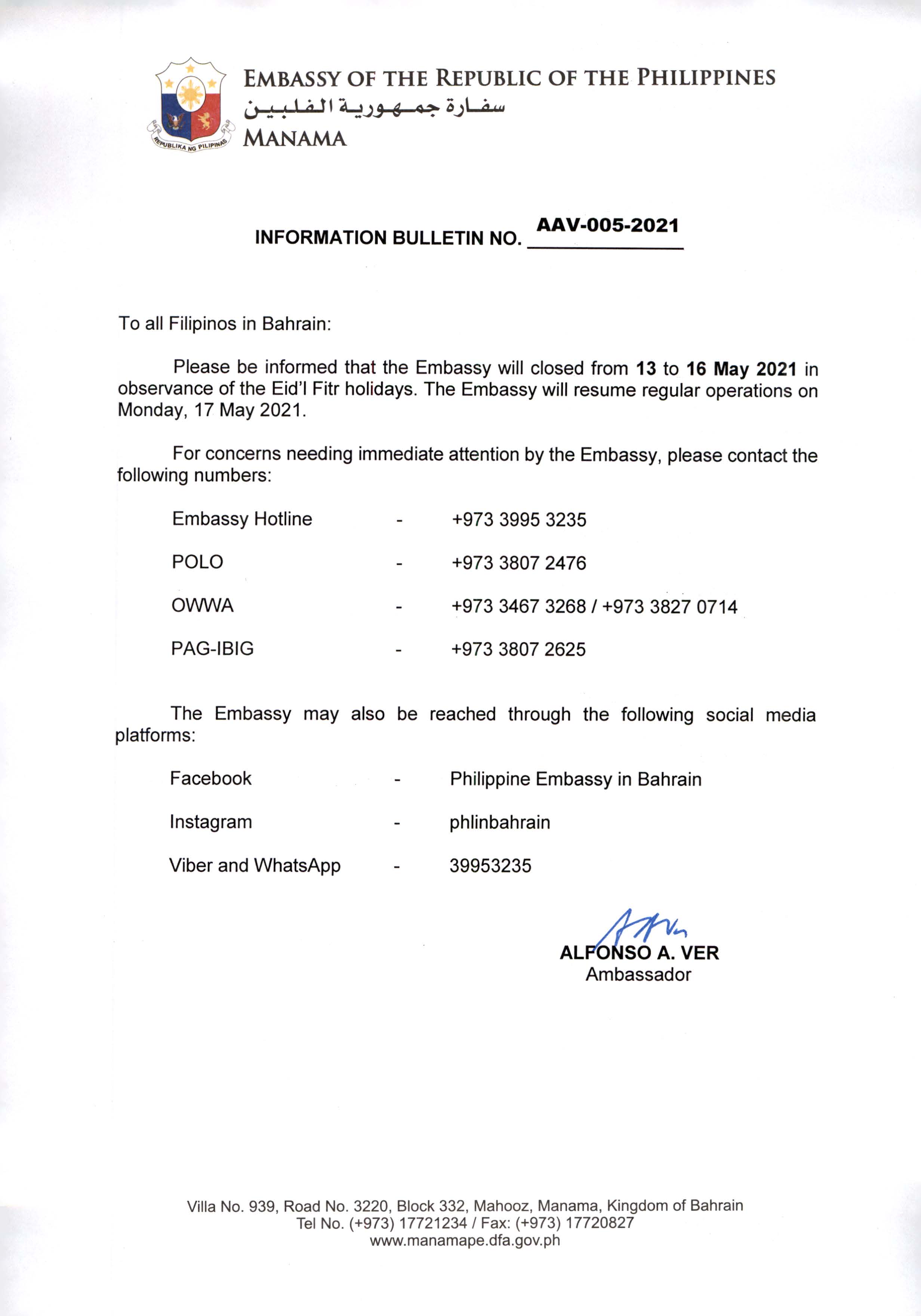 Information Bulletin No. AAV 005 2021 Observance of Eidl Fitr Holidays 13 to 16 May 2021