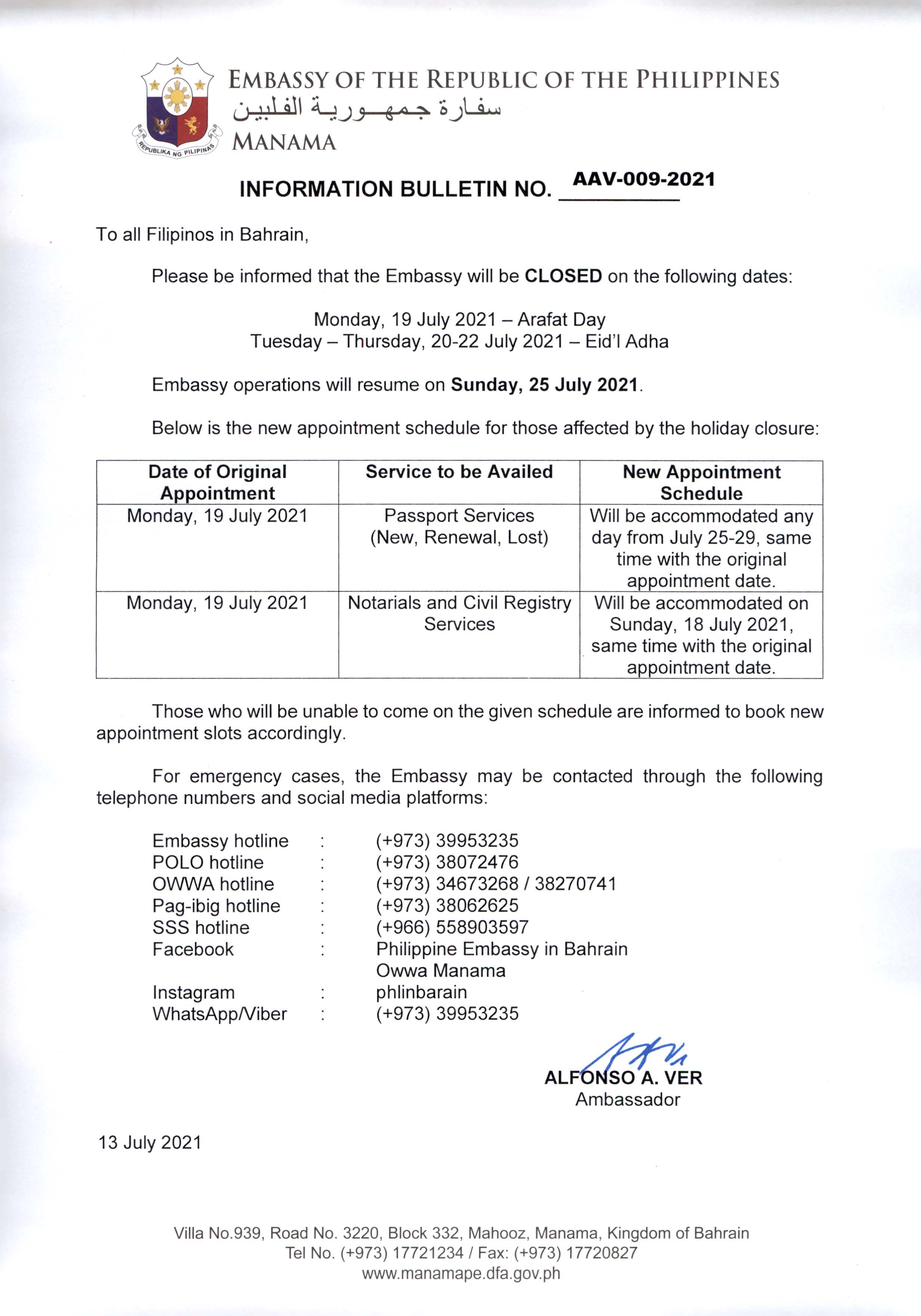 Information Bulletin No. AAV 009 2021 Notice on the Holidays Arafat Day 19 July 2021 and Eidl Adha 20 22 July 2021