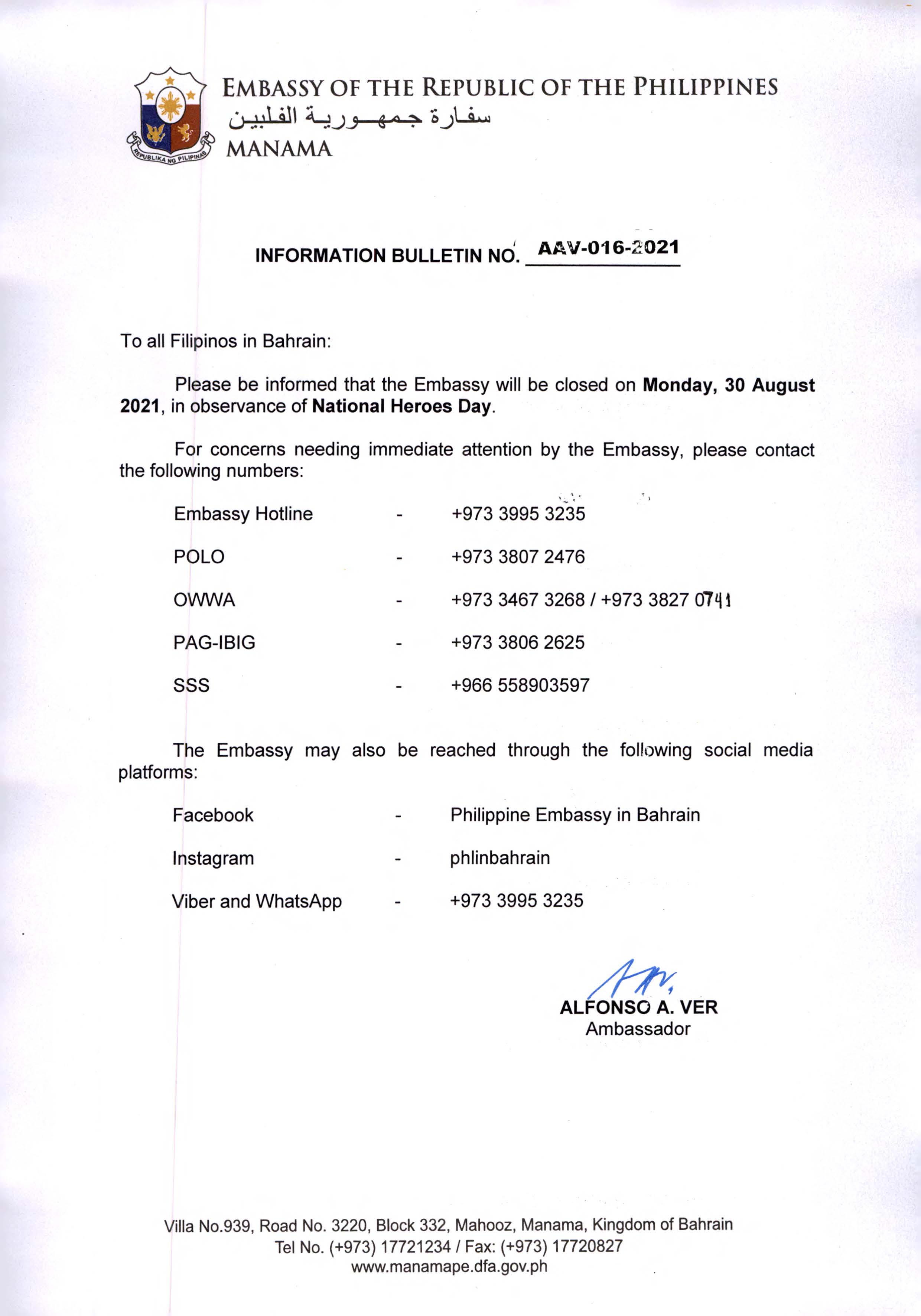 Information Bulletin No. AAV 016 2021 National Heroes Day