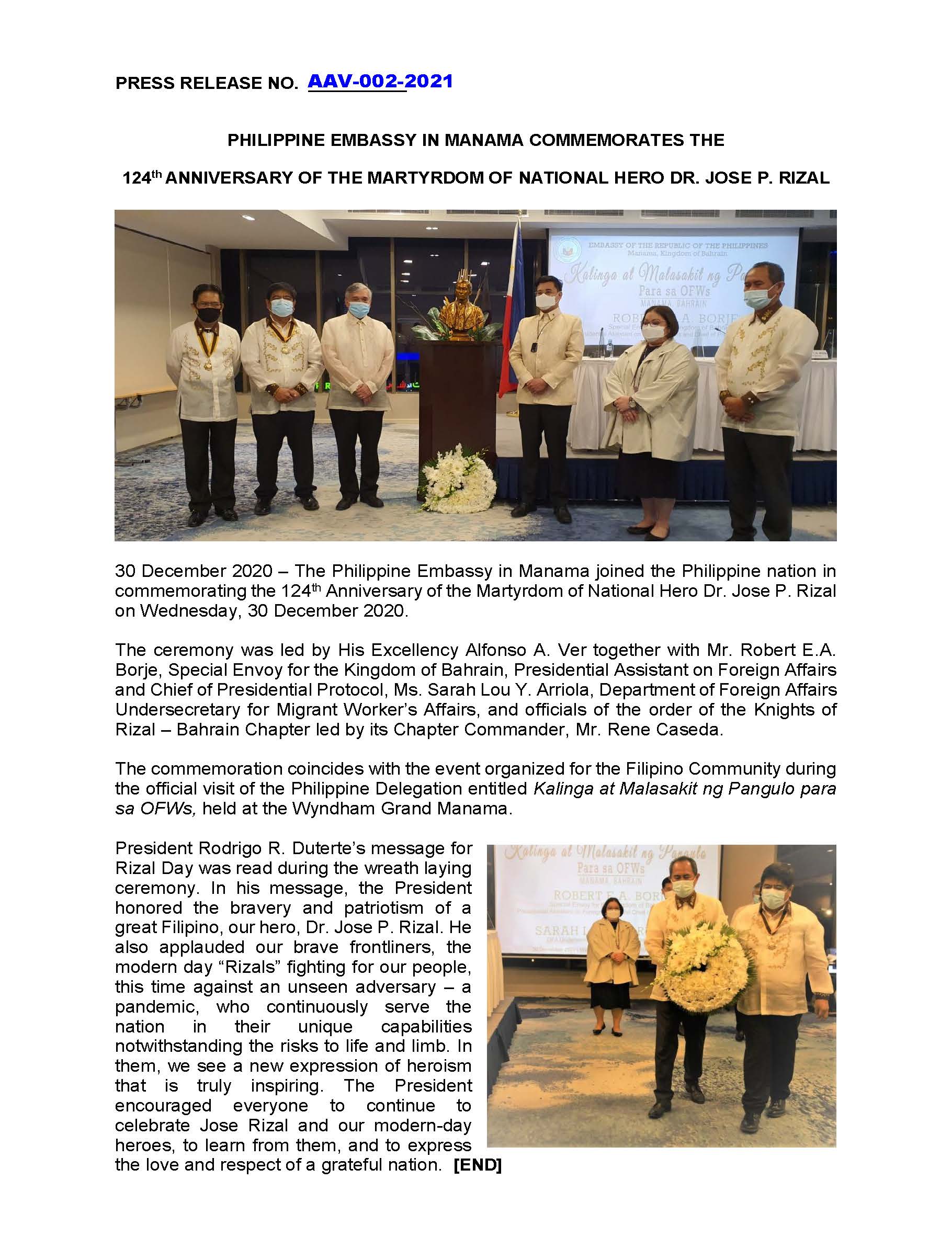 PR AAV 002 2021 PRESS RELEASE ON THE COMMEMORATION OF THE 124TH ANNIVERSARY OF THE MARTYRDOM OF THE NATIONAL HERO DR. JOSE P. RIZAL