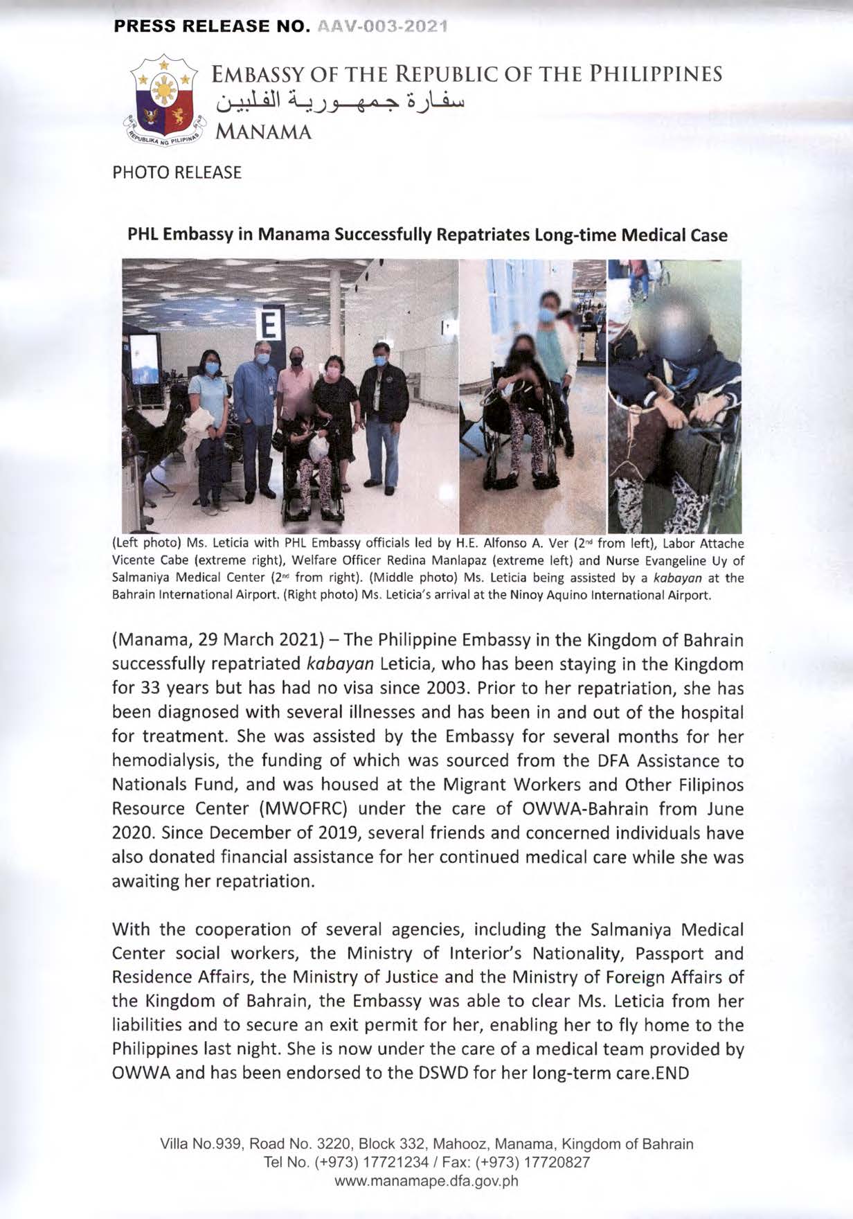 PR AAV 003 2021 PHILIPPINE EMBASSY IN MANAMA SUCCESSFULLY REPATRIATES LONG TIME MEDICAL CASE