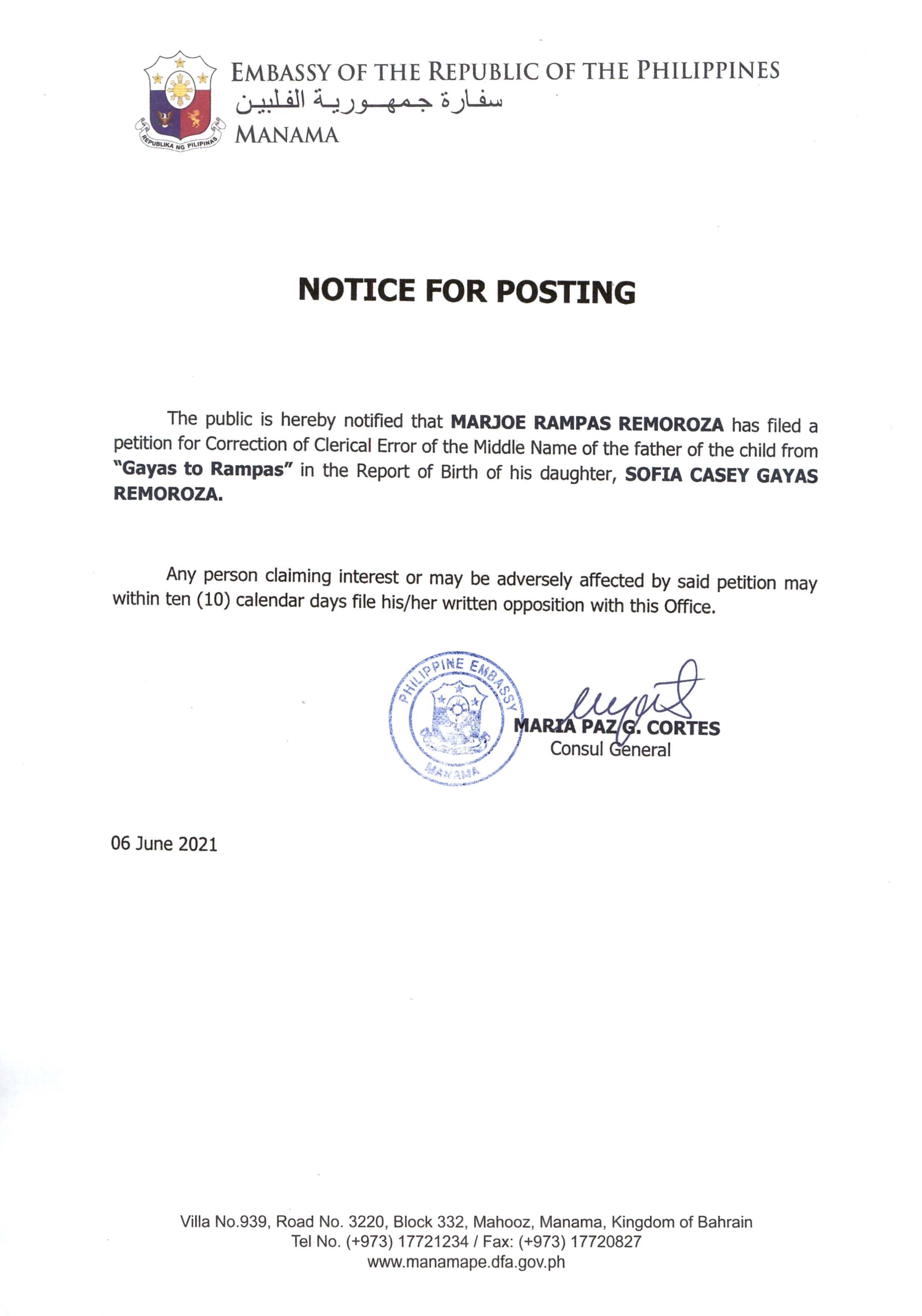 Notice of Posting Petition for Clerical Error in the middle name of the father of the child from Gayas to Rampas in the ROB of Sofia Casey R. Remoroza