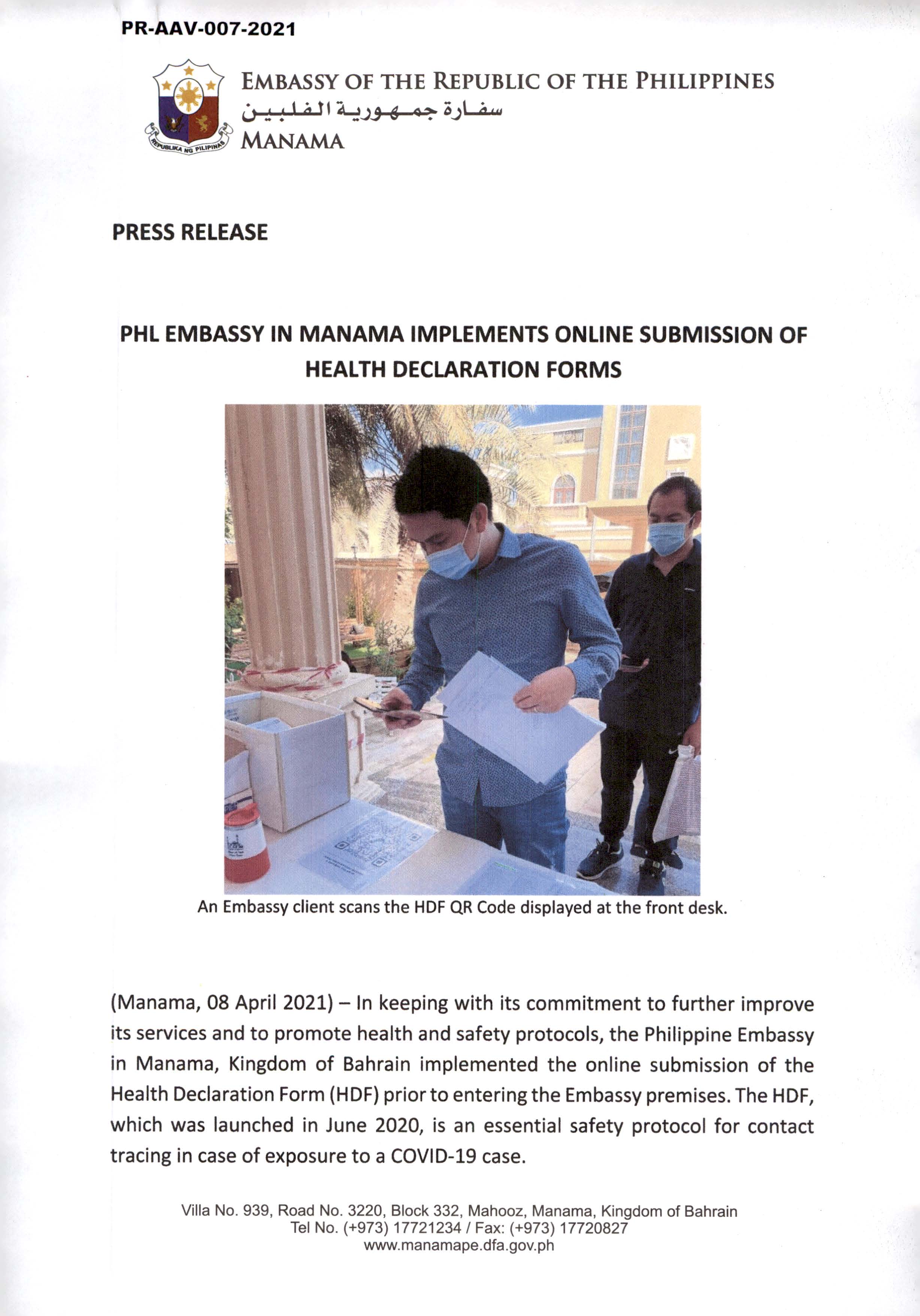 PR AAV 007 2021 PHL EMBASSY IN MANAMA IMPLEMENTS ONLINE SUBMISSION OF HEALTH DECLARATION FORMS Page 1
