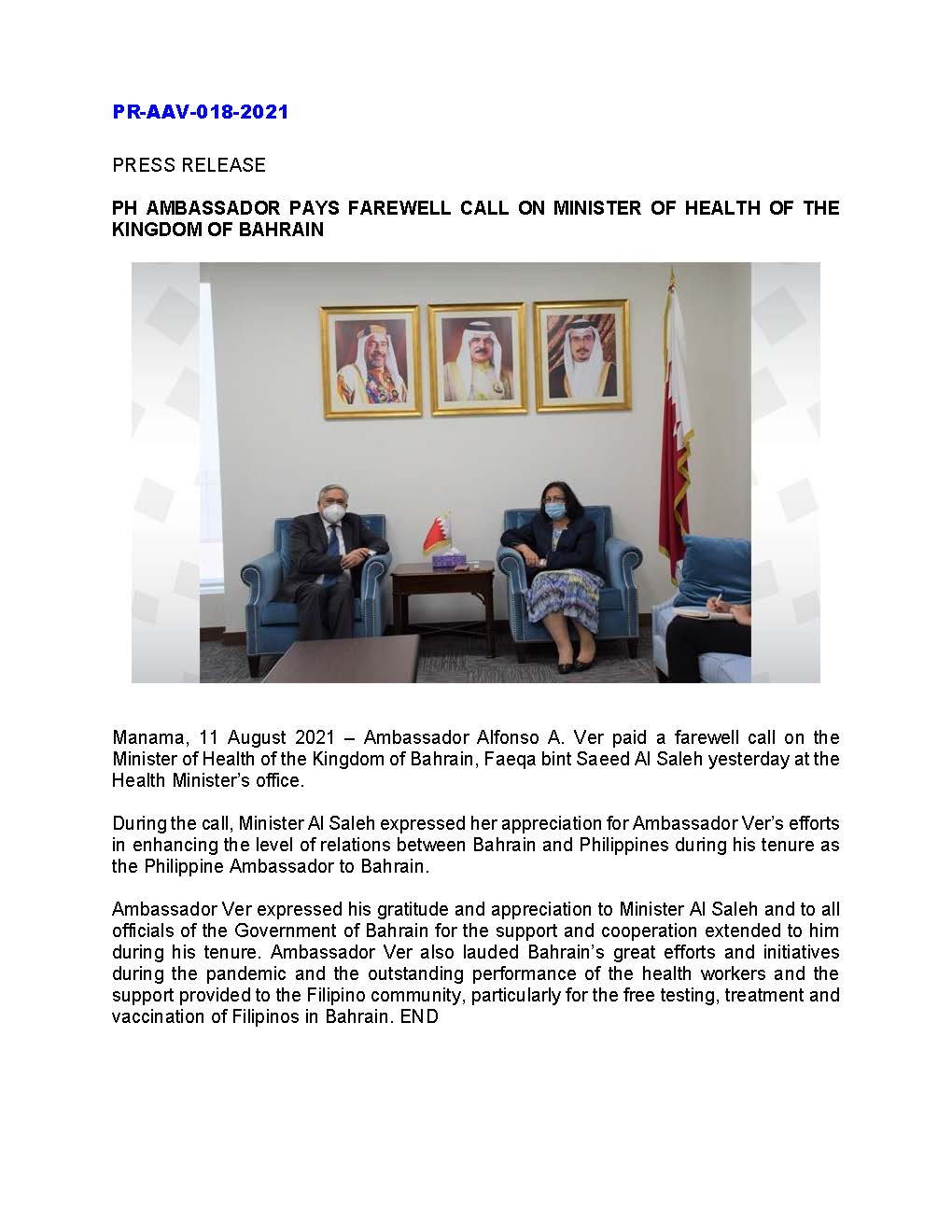 PR AAV 018 2021 PH AMBASSADOR PAYS FAREWELL CALL ON MINISTER OF HEALTH OF THE KINGDOM OF BAHRAIN