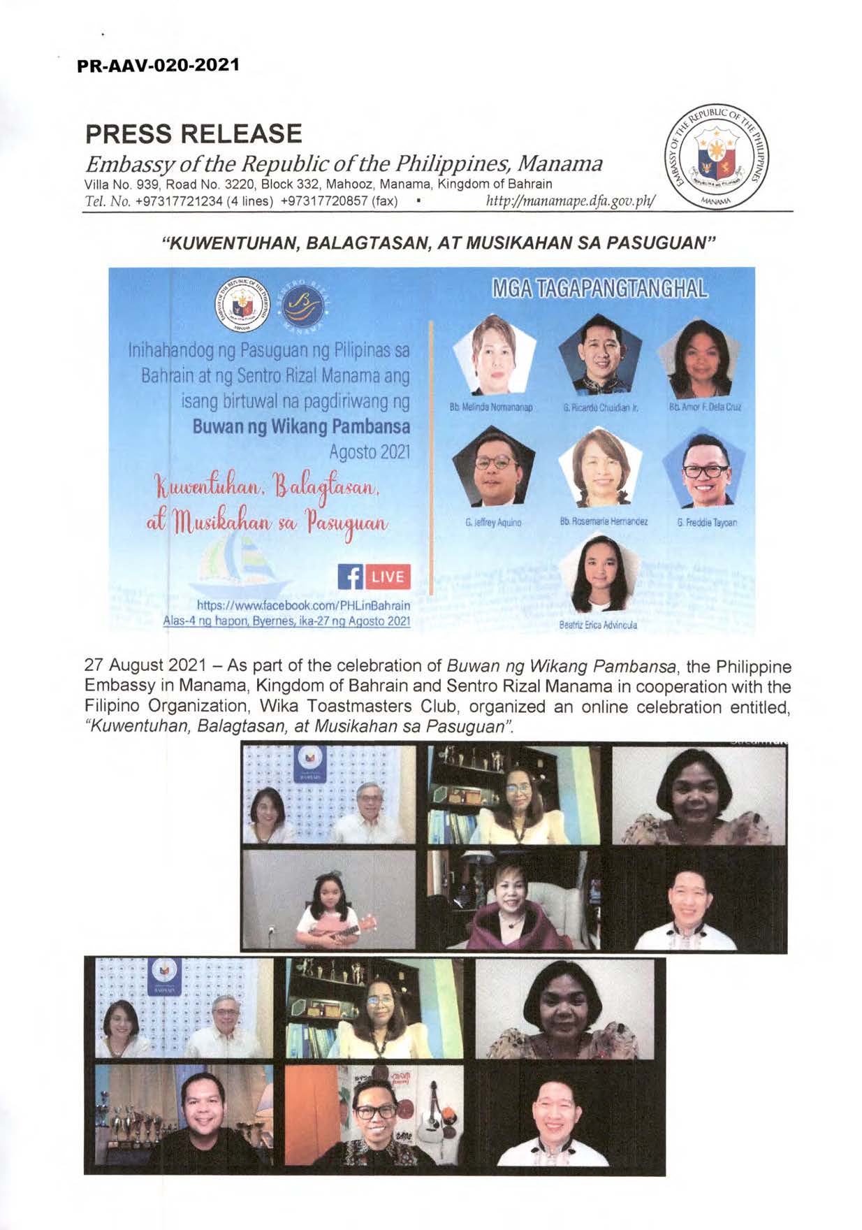 PR AAV 020 2021 BUWAN NG WIKANG PAMBANSA AGOSTO 2021 KUWENTUHAN BALAGTASAN AT MUSIKAHAN SA PASUGUAN Page 1
