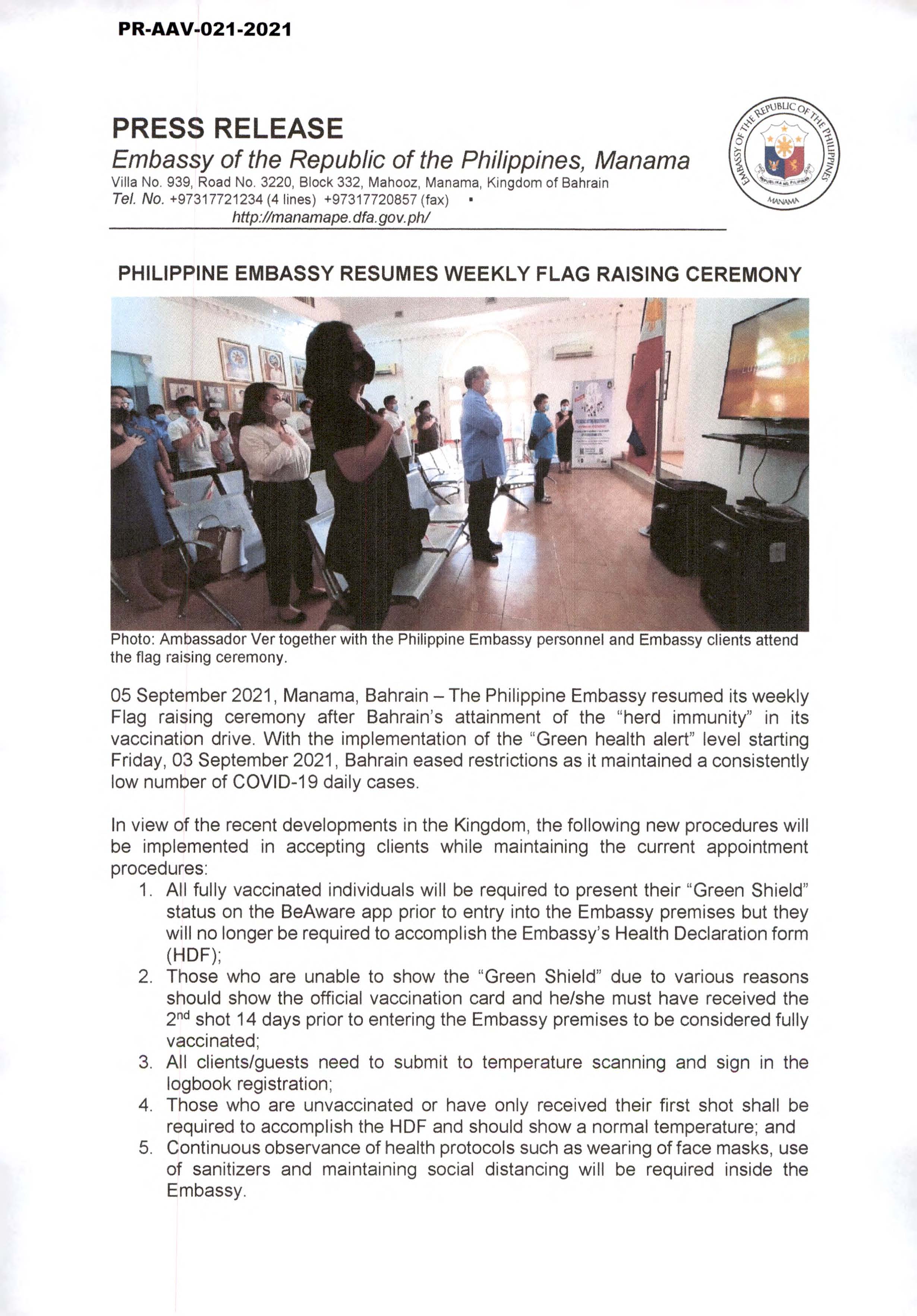 PR AAV 021 2021 PHILIPPINE EMBASSY RESUMES WEEKLY FLAG RAISING CEREMONY