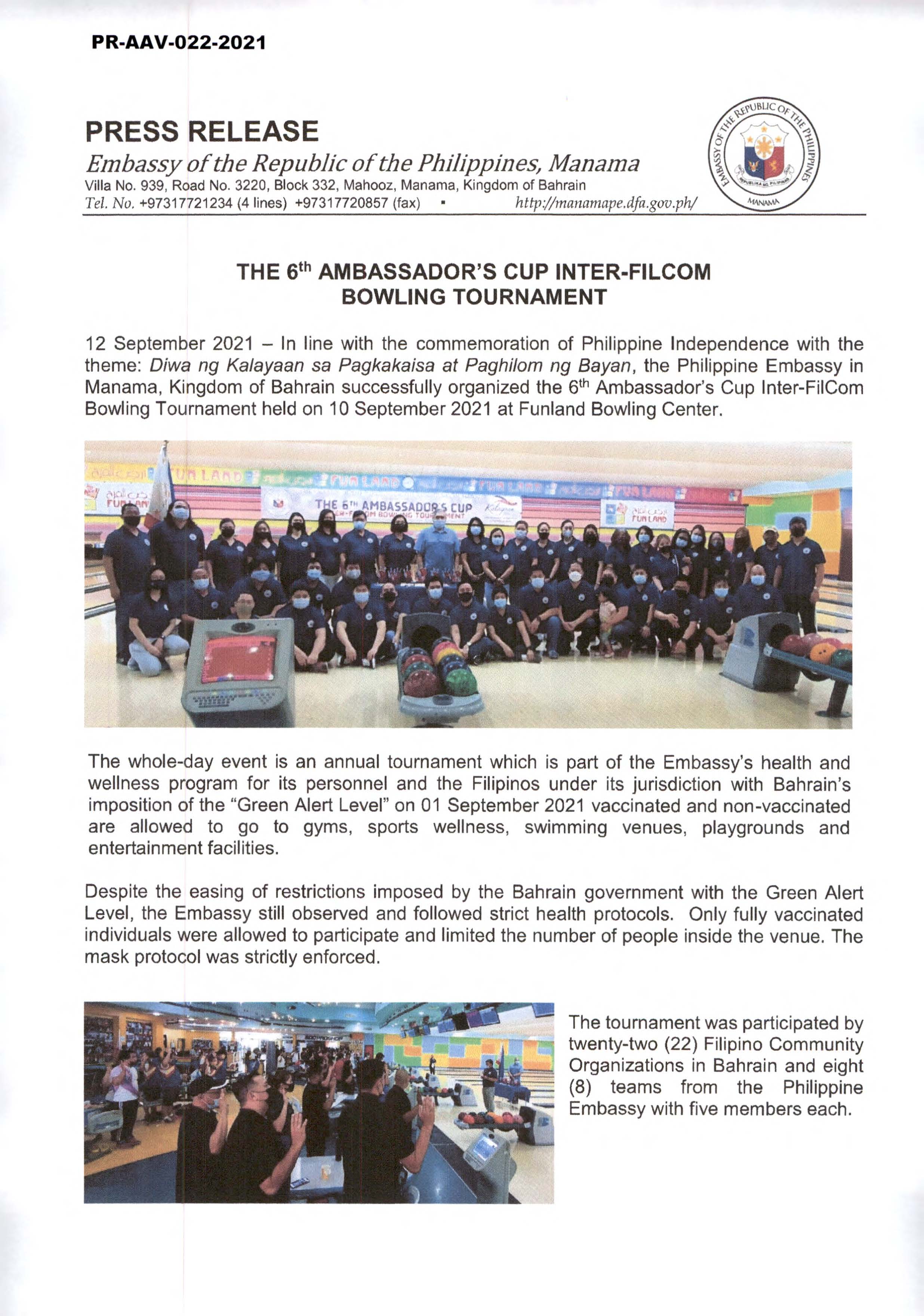 PR AAV 022 2021 THE 6TH AMBASSADORS CUP INTER FILCOM BOWLING TOURNAMENT Page 1