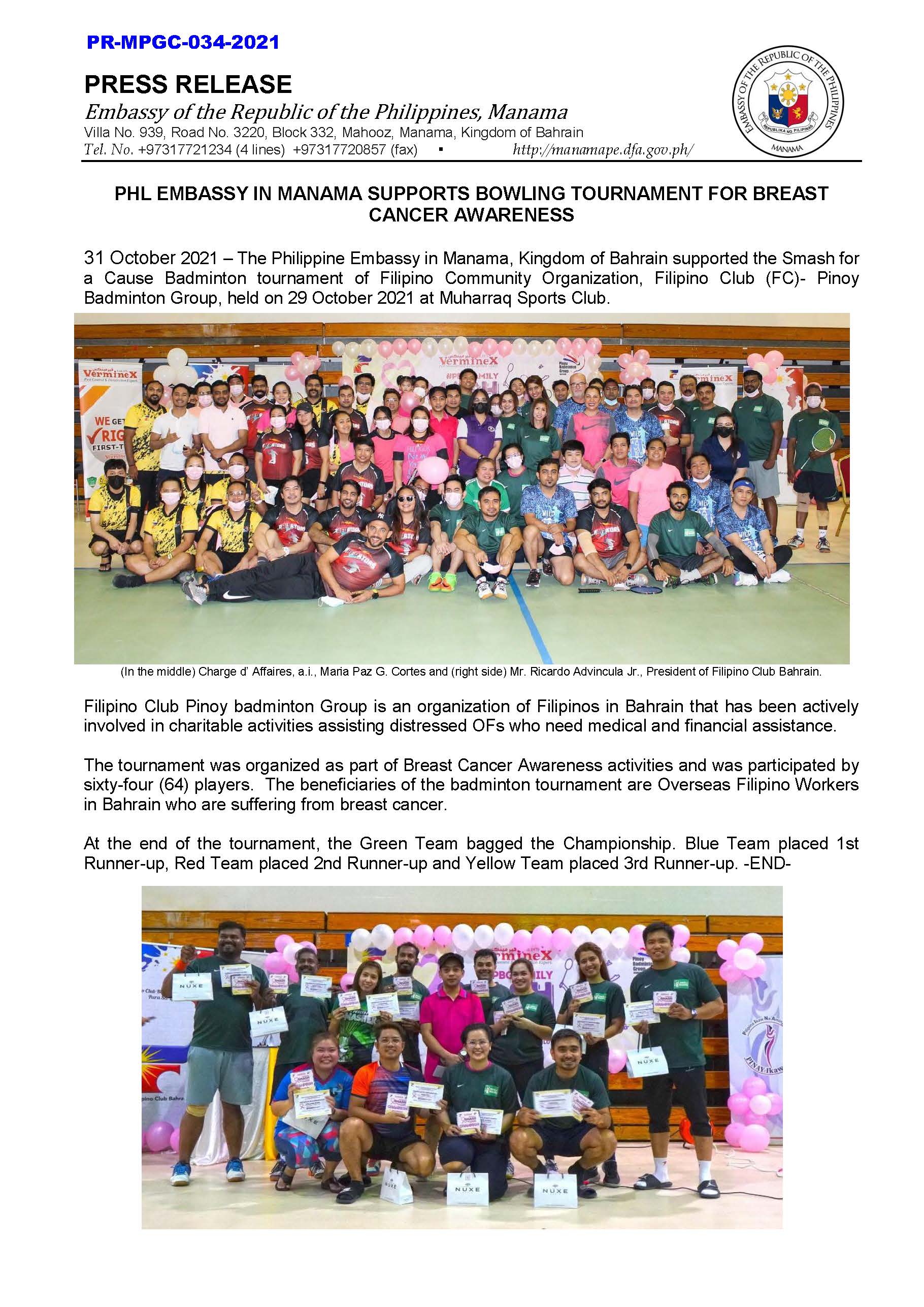PR MPGC 034 2021 PHL EMBASSY IN MANAMA SUPPORTS BOWLING TOURNAMENT FOR BREAST CANCER AWARENESS Page 1
