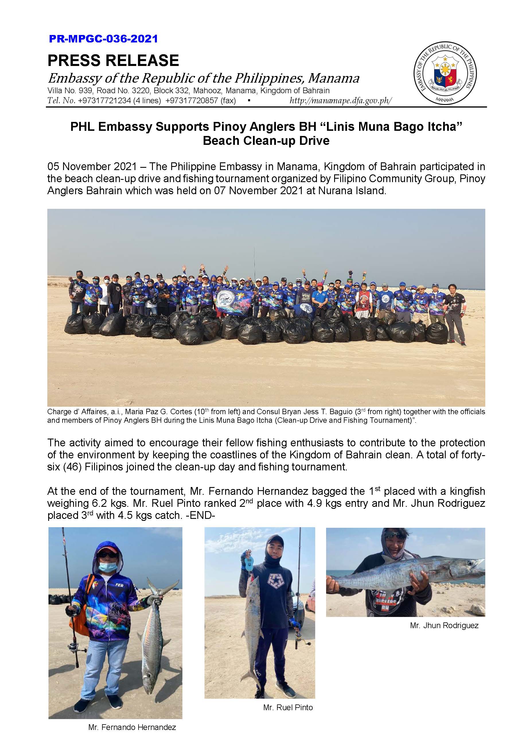 PR MPGC 036 2021 PHL Embassy Supports Pinoy Anglers BH Linis Muna Bago Itcha Beach Clean up Drive