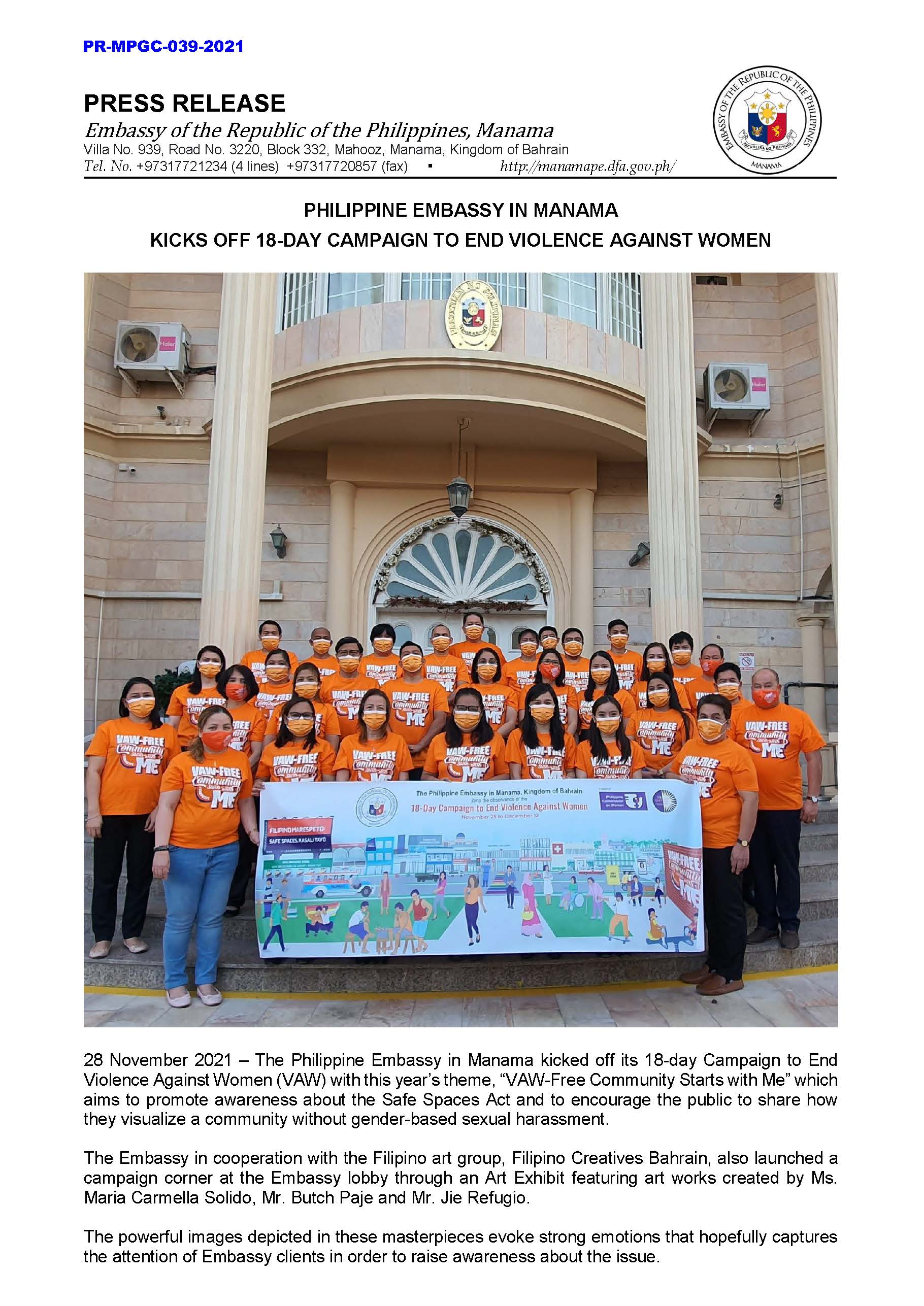 PR MPGC 039 2021 PHILIPPINE EMBASSY IN MANAMA KICKS OFF 18 DAY CAMPAIGN TO END VIOLENCE AGAINST WOMEN Page 1