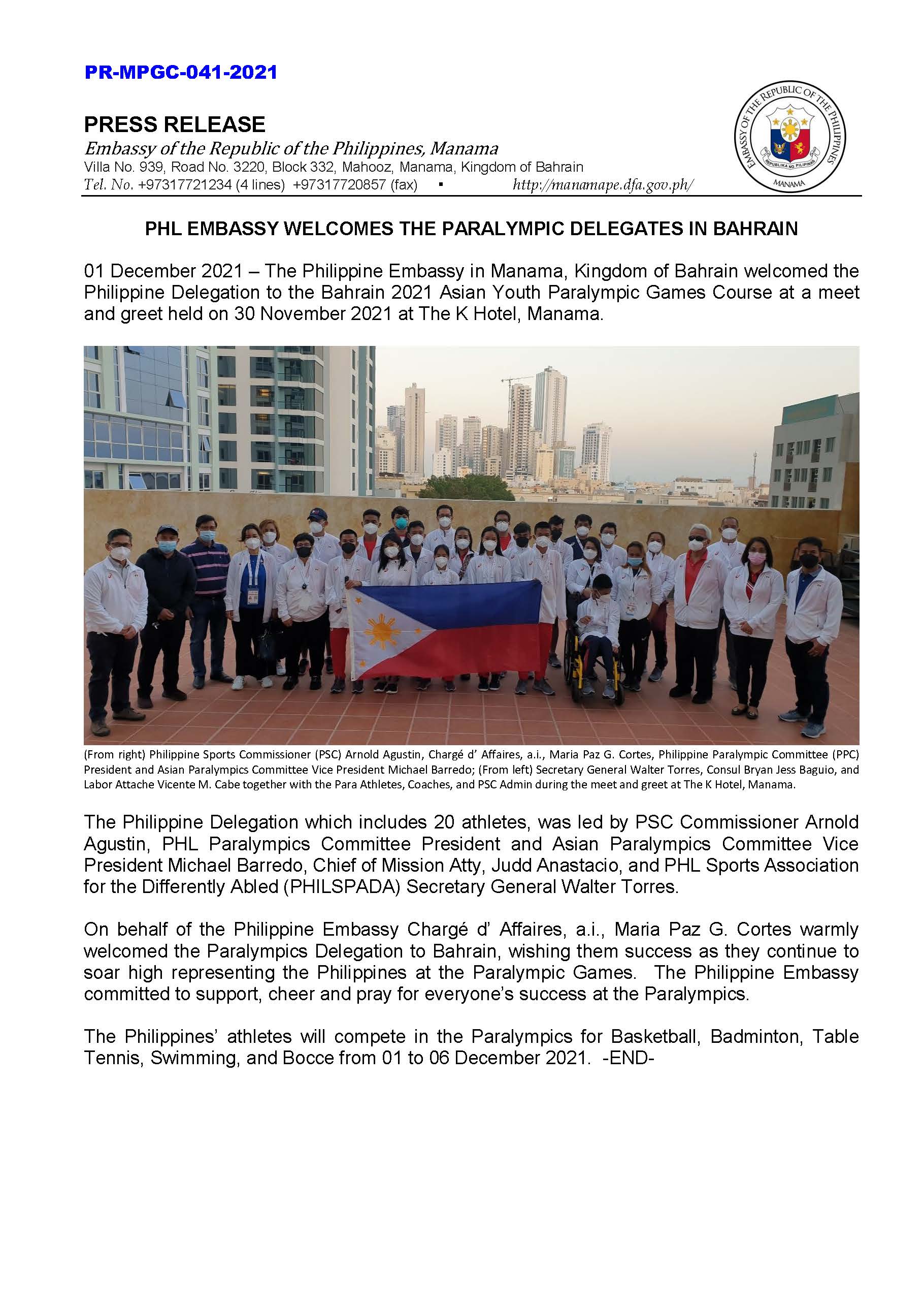 PR MPGC 041 2021 PHL EMBASSY WELCOMES THE PARALYMPIC DELEGATES IN BAHRAIN