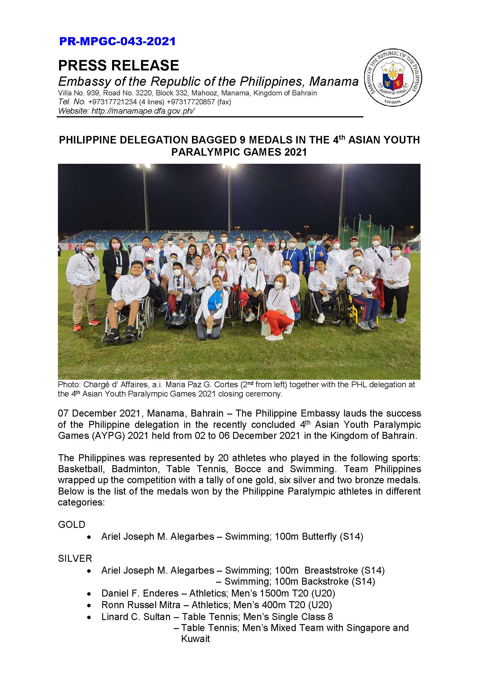 PR MPGC 043 2021 PHILIPPINE DELEGATION BAGGED 9 MEDALS IN THE 4th ASIAN YOUTH PARALYMPIC GAMES 2021 Page 1