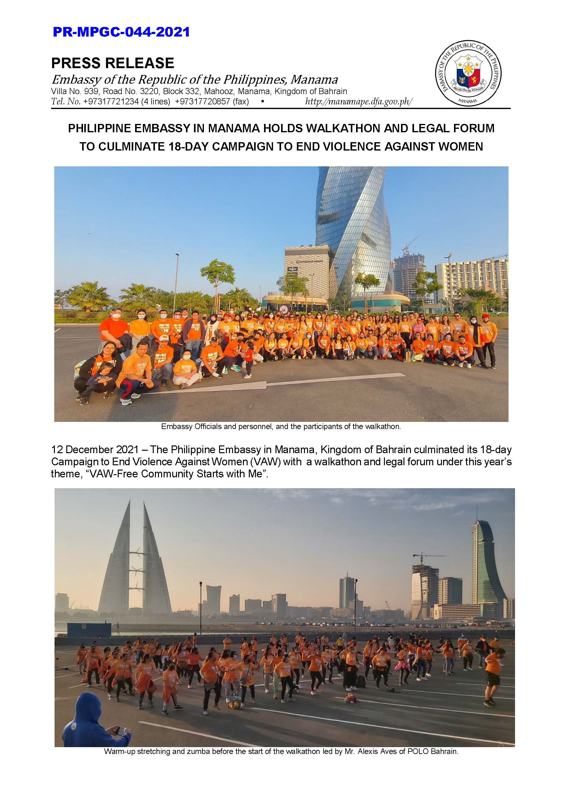 PR MPGC 044 2021 EMBASSY IN MANAMA HOLDS WALKATHON AND LEGAL FORUM TO CULMINATE 18 DAY CAMPAIGN TO END VIOLENCE AGAINST WOMEN Page 1