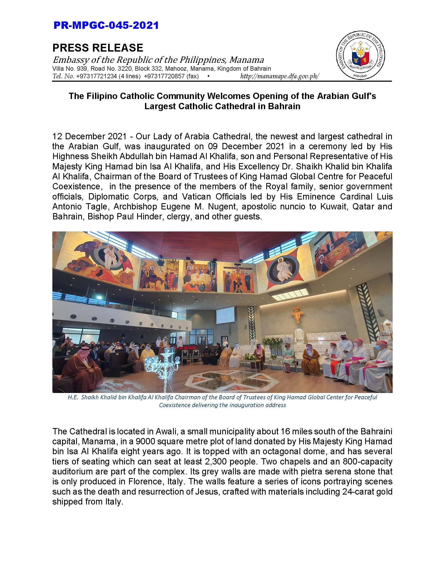 PR MPGC 045 2021 The Filipino Catholic Community Welcomes Opening of the Arabian Gulfs Largest Catholic Cathedral in Bahrain Page 1