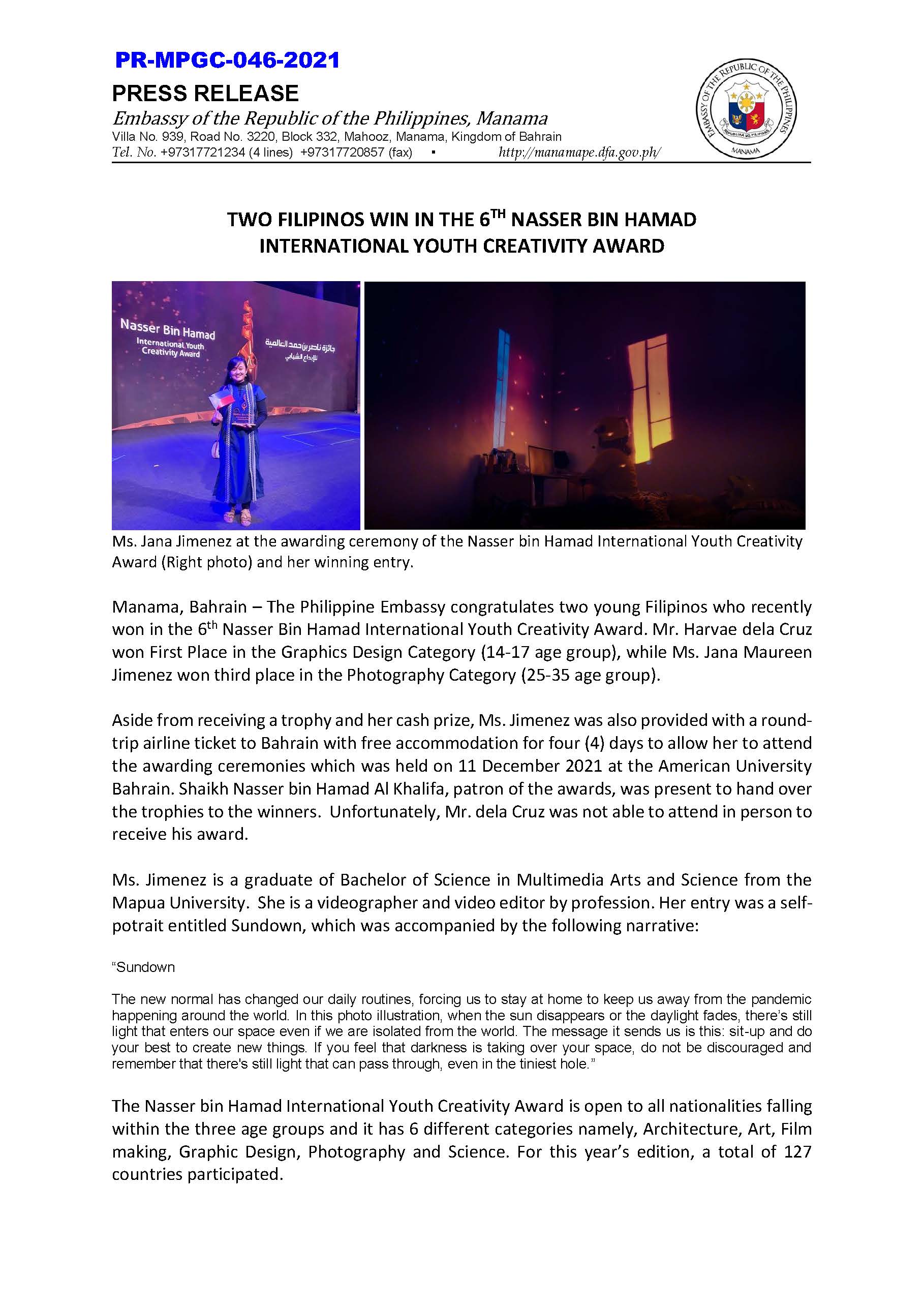 PR MPGC 046 2021 TWO FILIPINOS WIN IN THE 6TH NASSER BIN HAMAD INTERNATIONAL YOUTH CREATIVITY AWARD Page 1