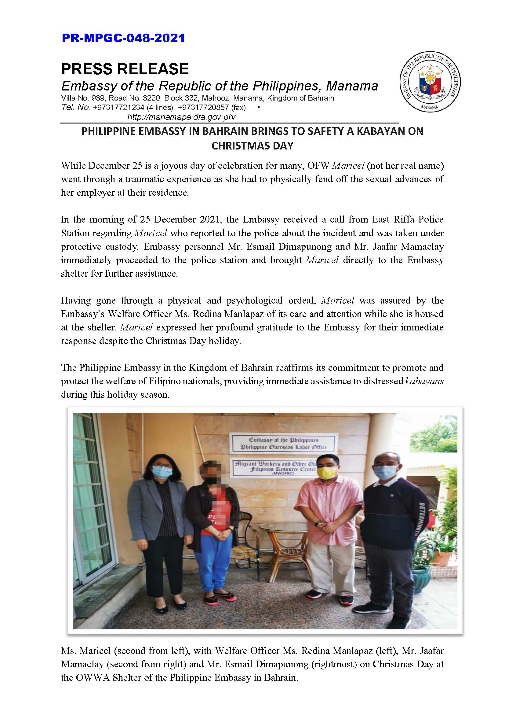 PR MPGC 048 2021 PHILIPPINE EMBASSY IN BAHRAIN BRINGS TO SAFETY A KABAYAN ON CHRISTMAS DAY