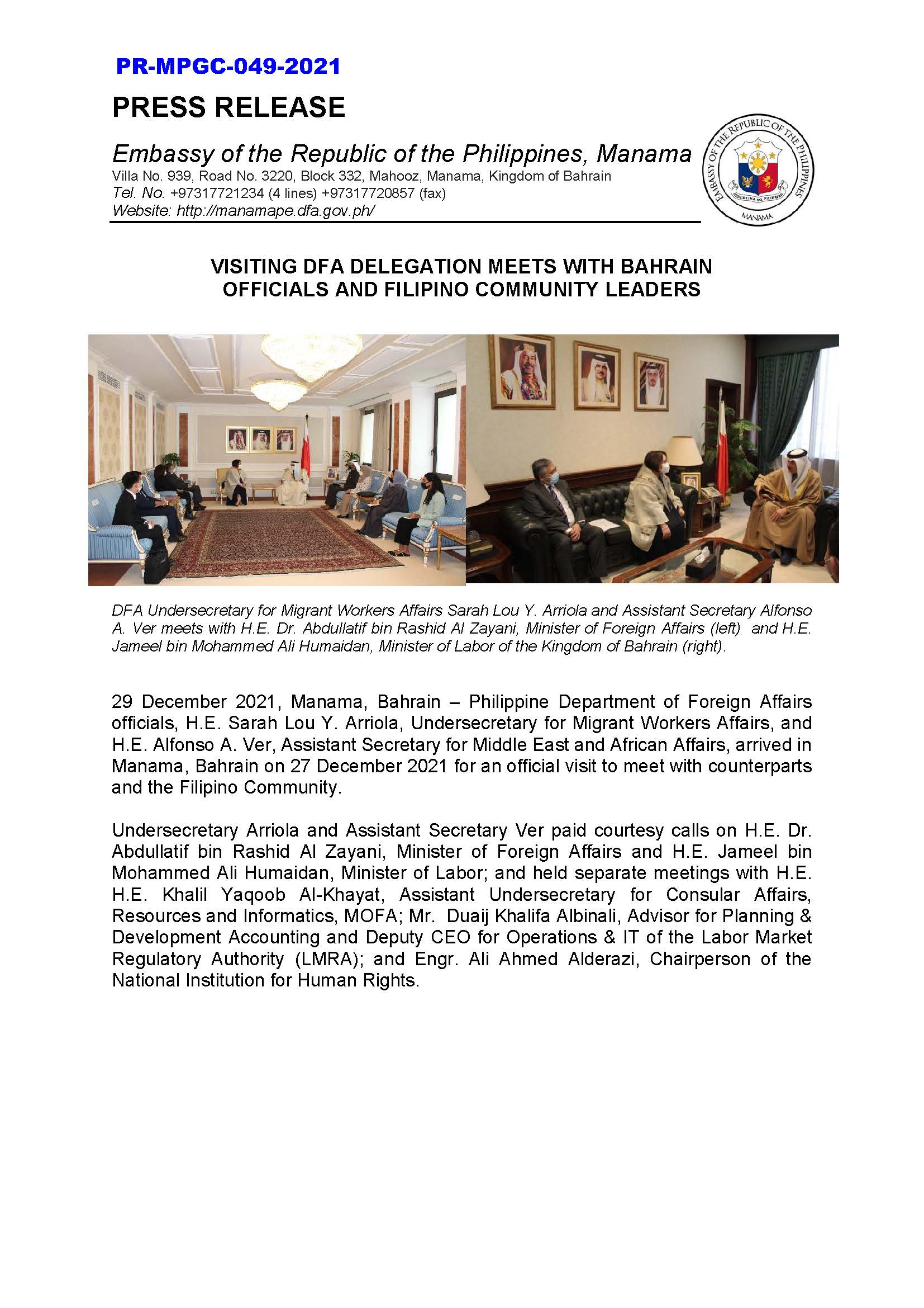 PR MPGC 050 2021 VISITING DFA DELEGATION MEETS WITH BAHRAIN Page 1