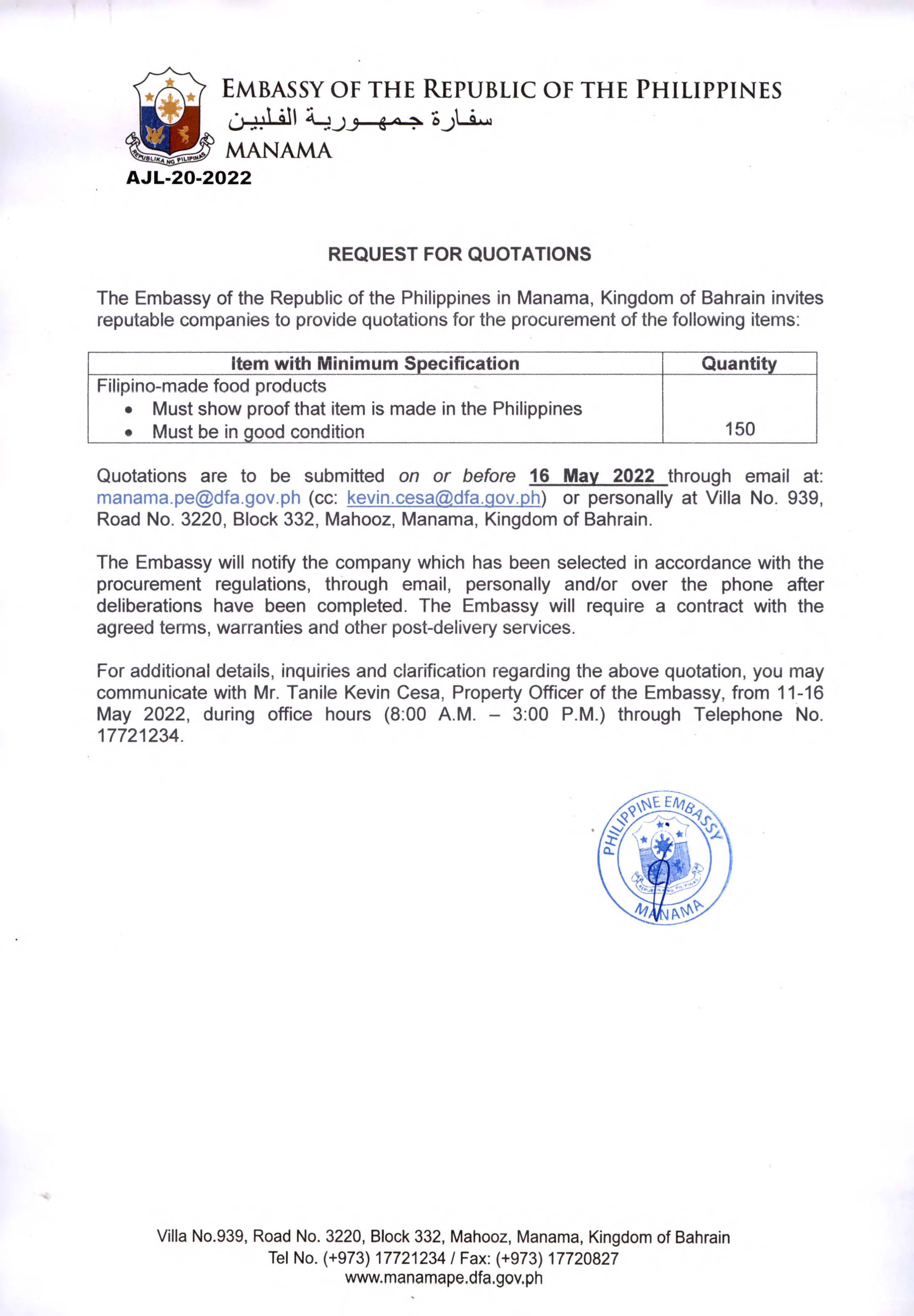 AJL 20 2022 Request Quotations for the Procurement of Filipino made Food Products