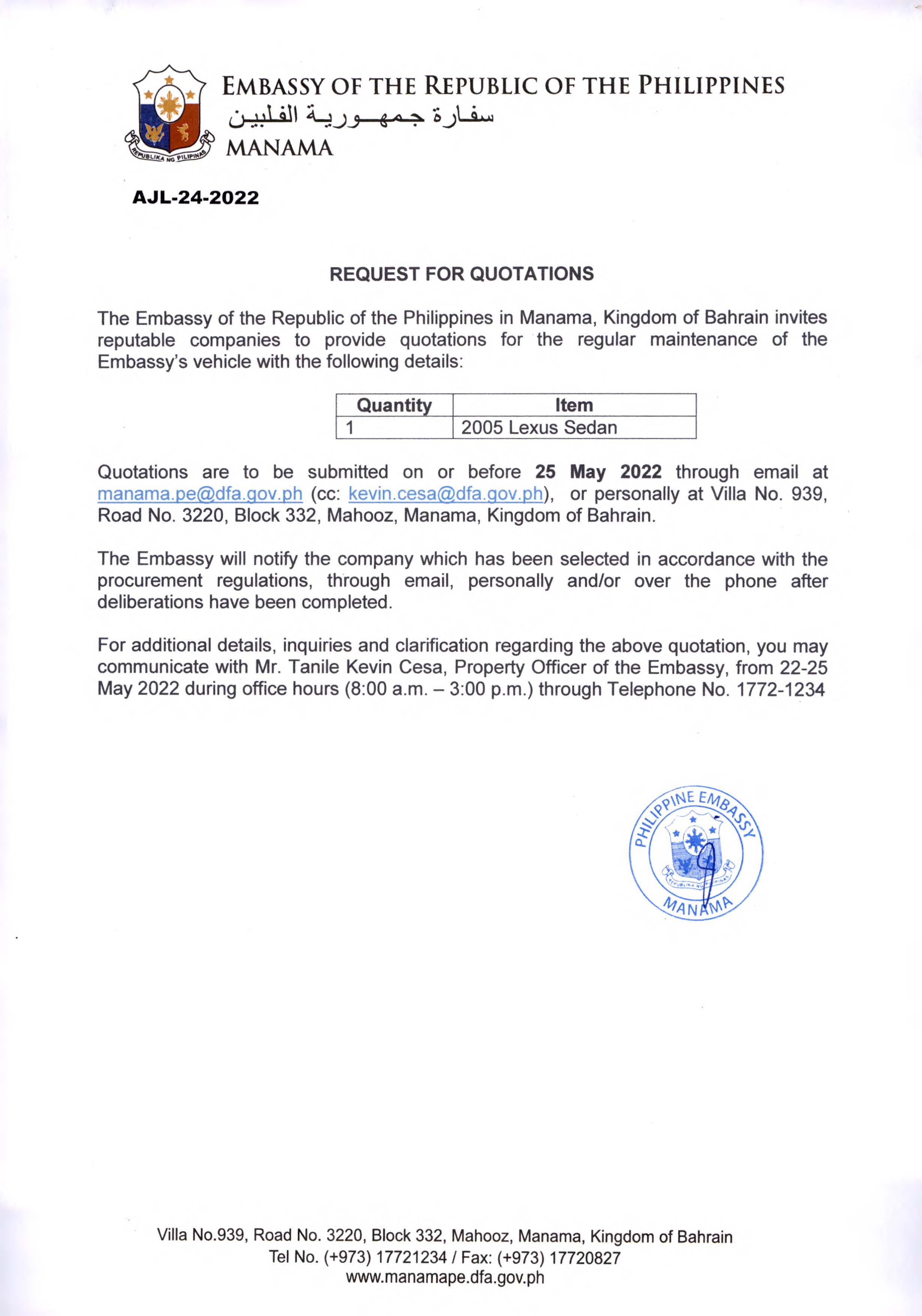 AJL 24 2022 Request Quotations for the maintenance of the Embassys Official Vehicle