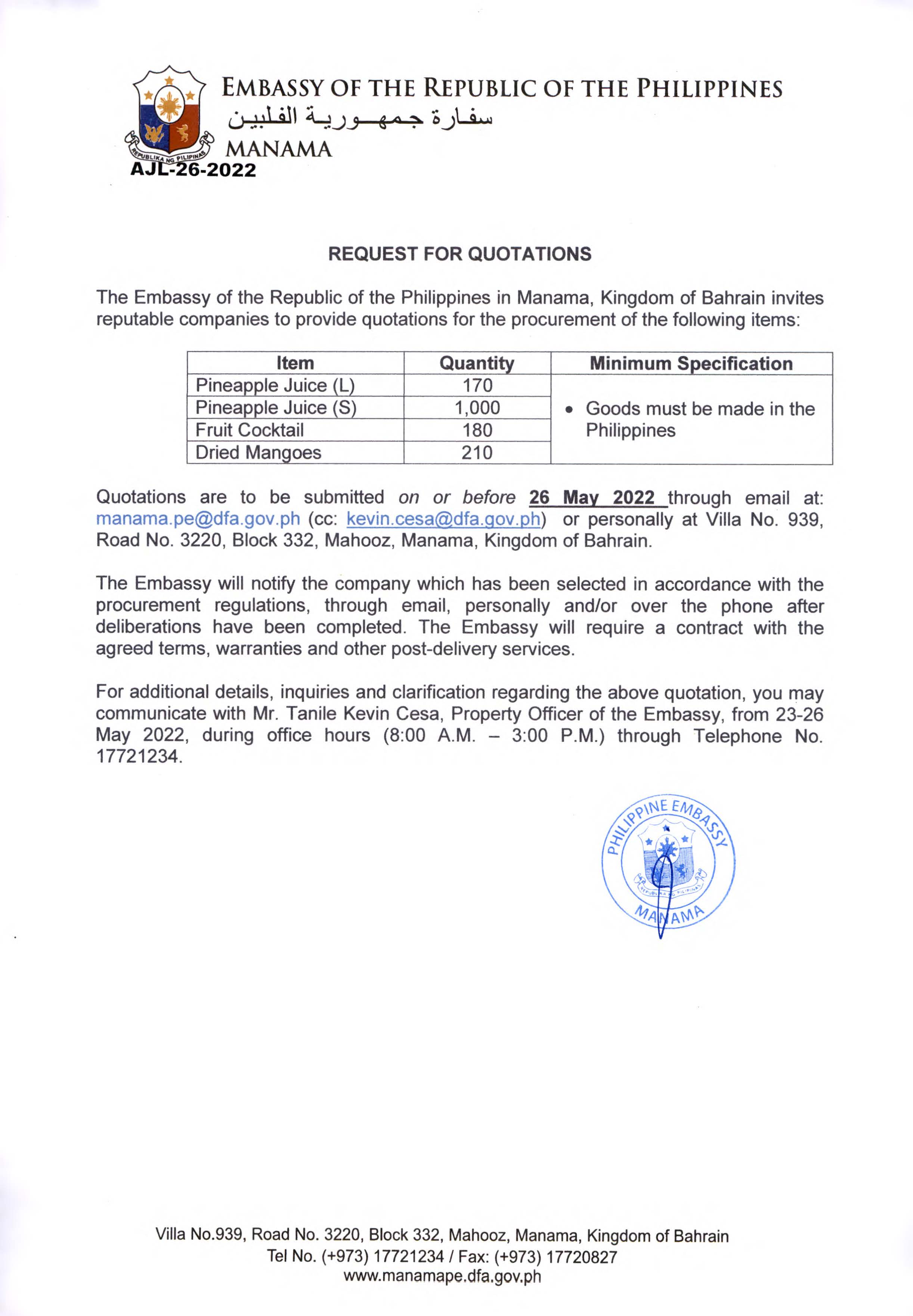 AJL 26 2022 Request Quotations for the Following Food Items