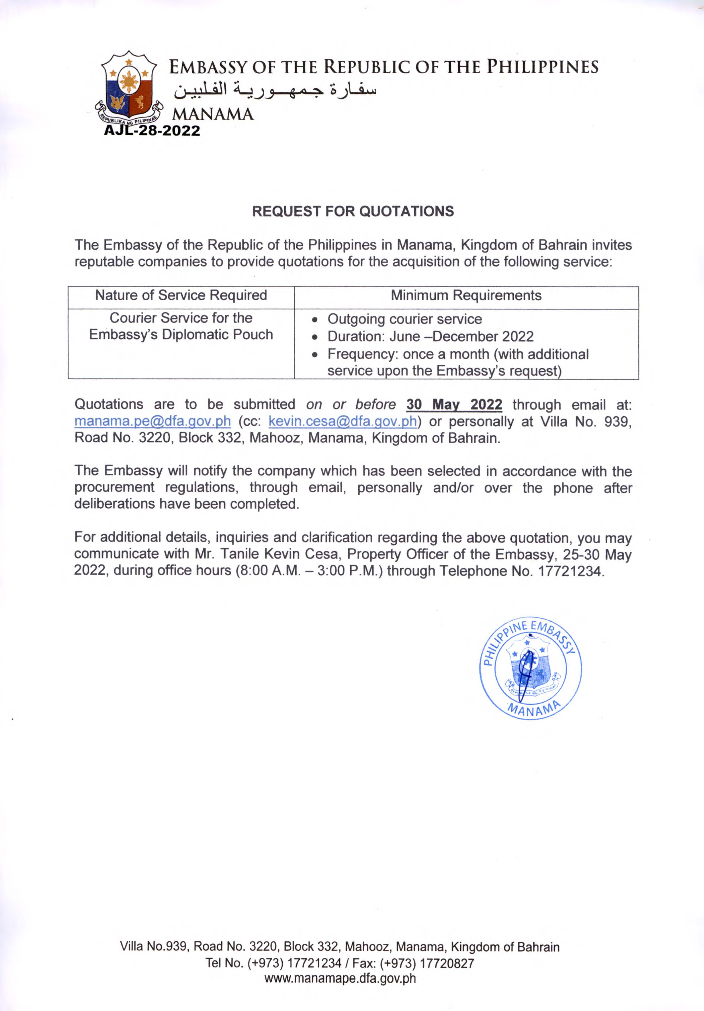 AJL 28 2022 Request Quotations for the Service of a Courier Service