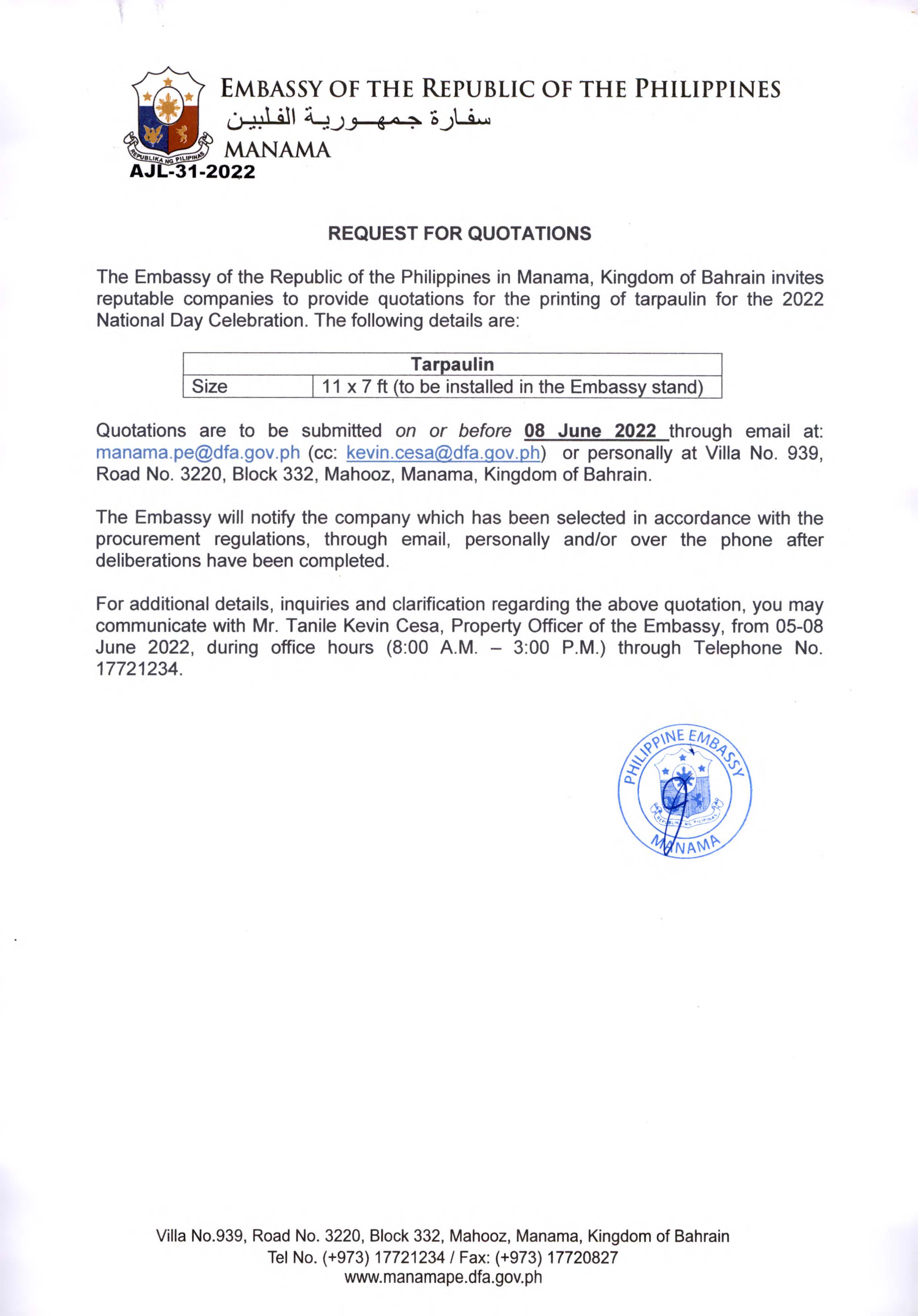 AJL 31 2022 Request Quotations for the Printing of Taurpalin for the National Day Celebration