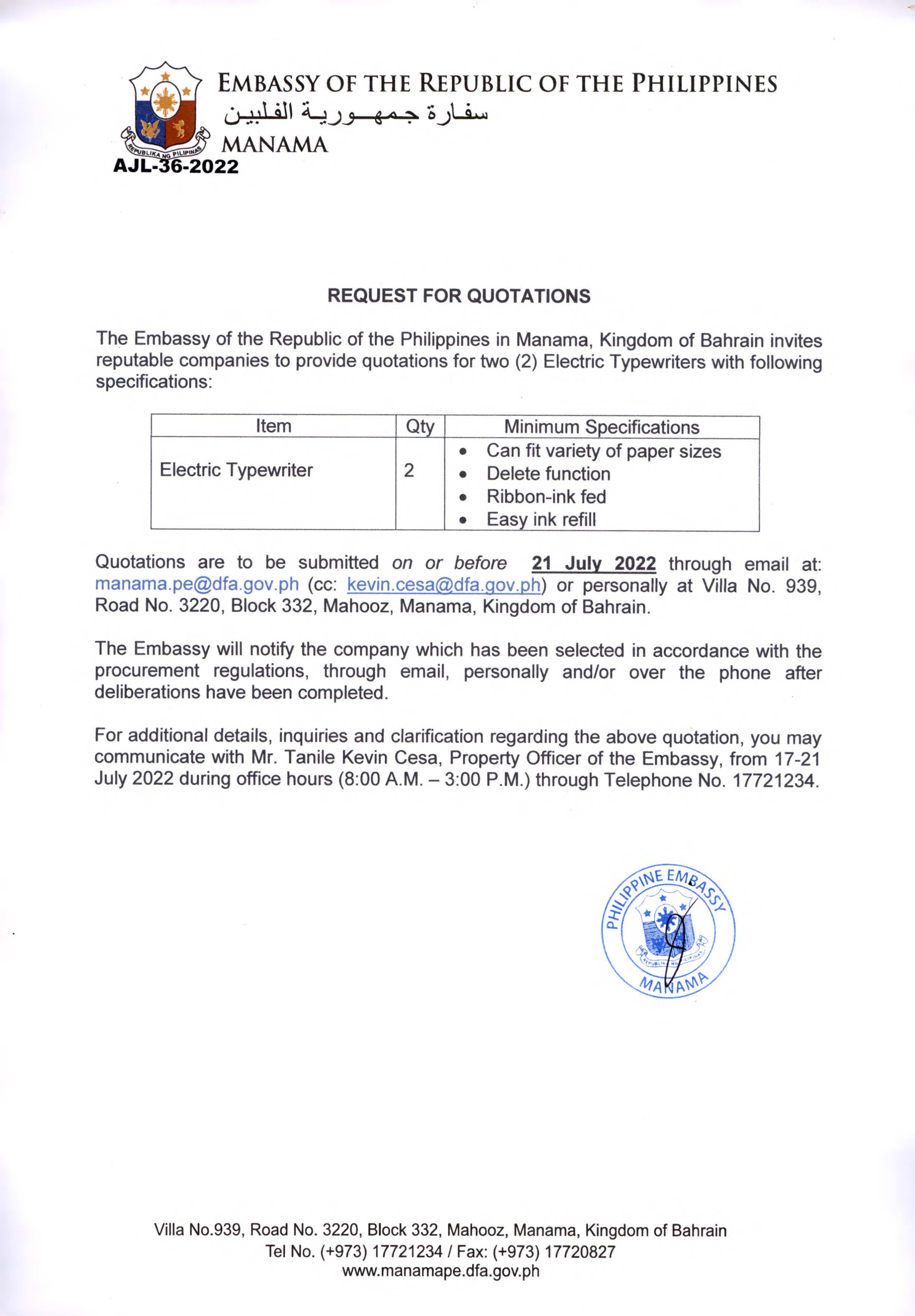 AJL 36 2022 Request Quotations for the Procurement of an Electric Typewriter