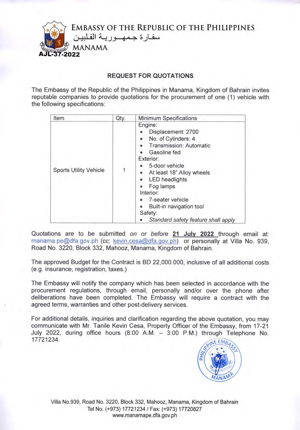 AJL 37 2022 Request Quotations for the Procurement of an Embassy Vehicle