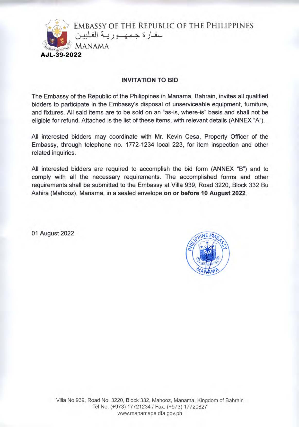 AJL 39 2022 Invitation to Bid for the Disposal of Unservicieable Equipmnet Funiture and Fixtures Page 1