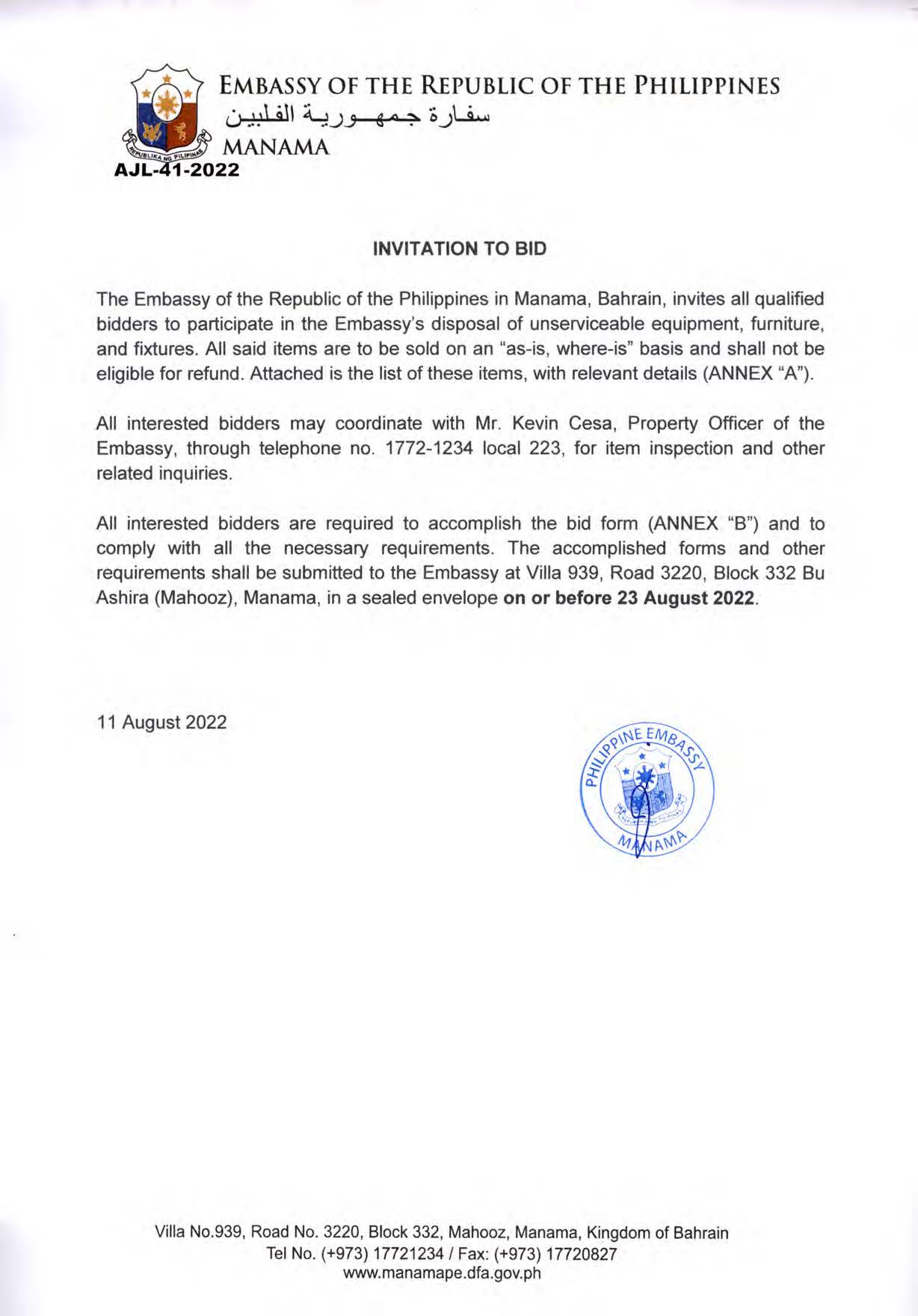 AJL 41 2022 Invitation to Bid for the Disposal of Unservicieable Equipmnet Funiture and Fixtures Page 1