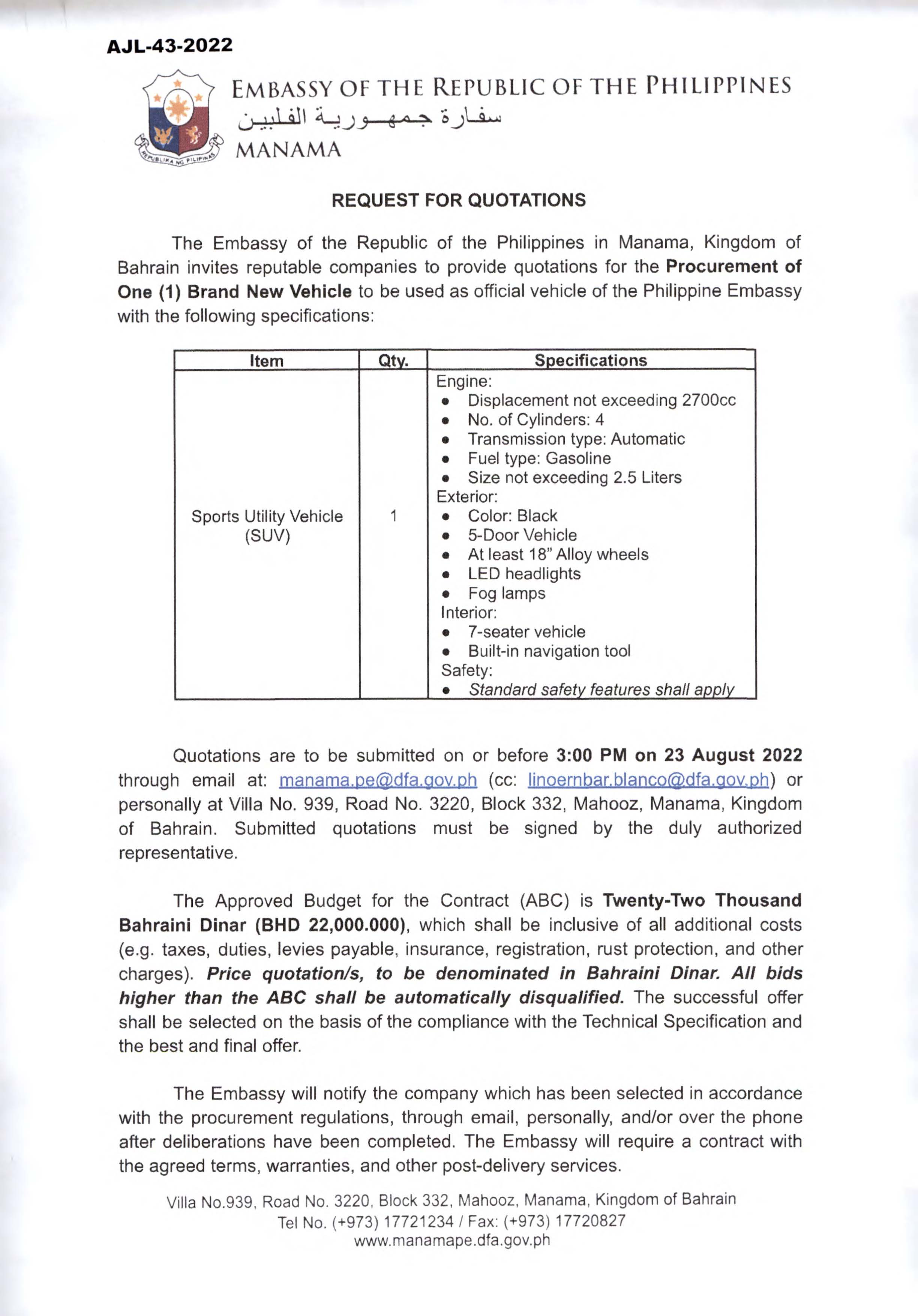 AJL 43 2022 Request Quotations for Procurement of One 1 Brand New Vehicle Page 1