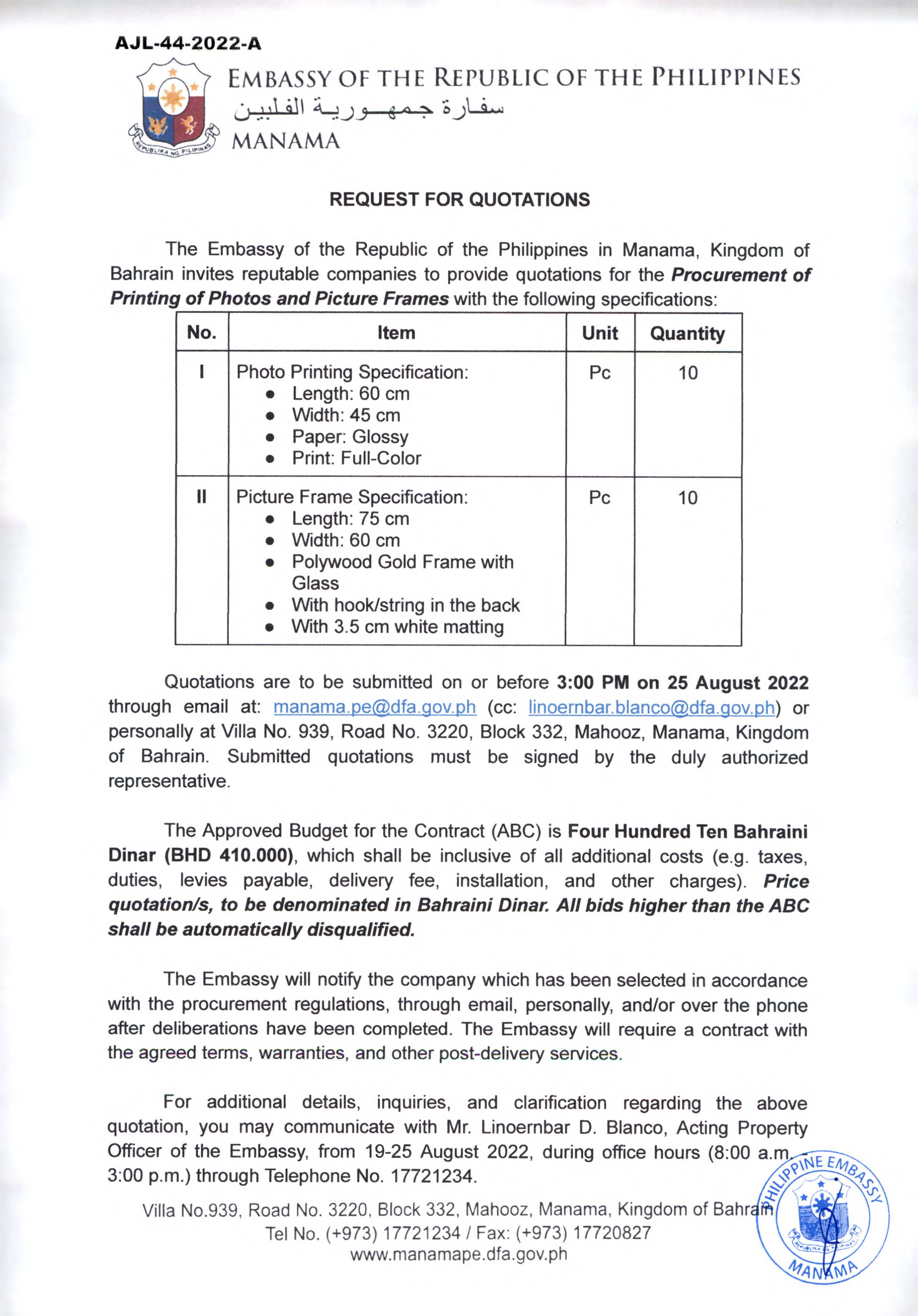 AJL 44 2022 A Request Quotations for Procurement of Printing of Photos nad Picture Frames