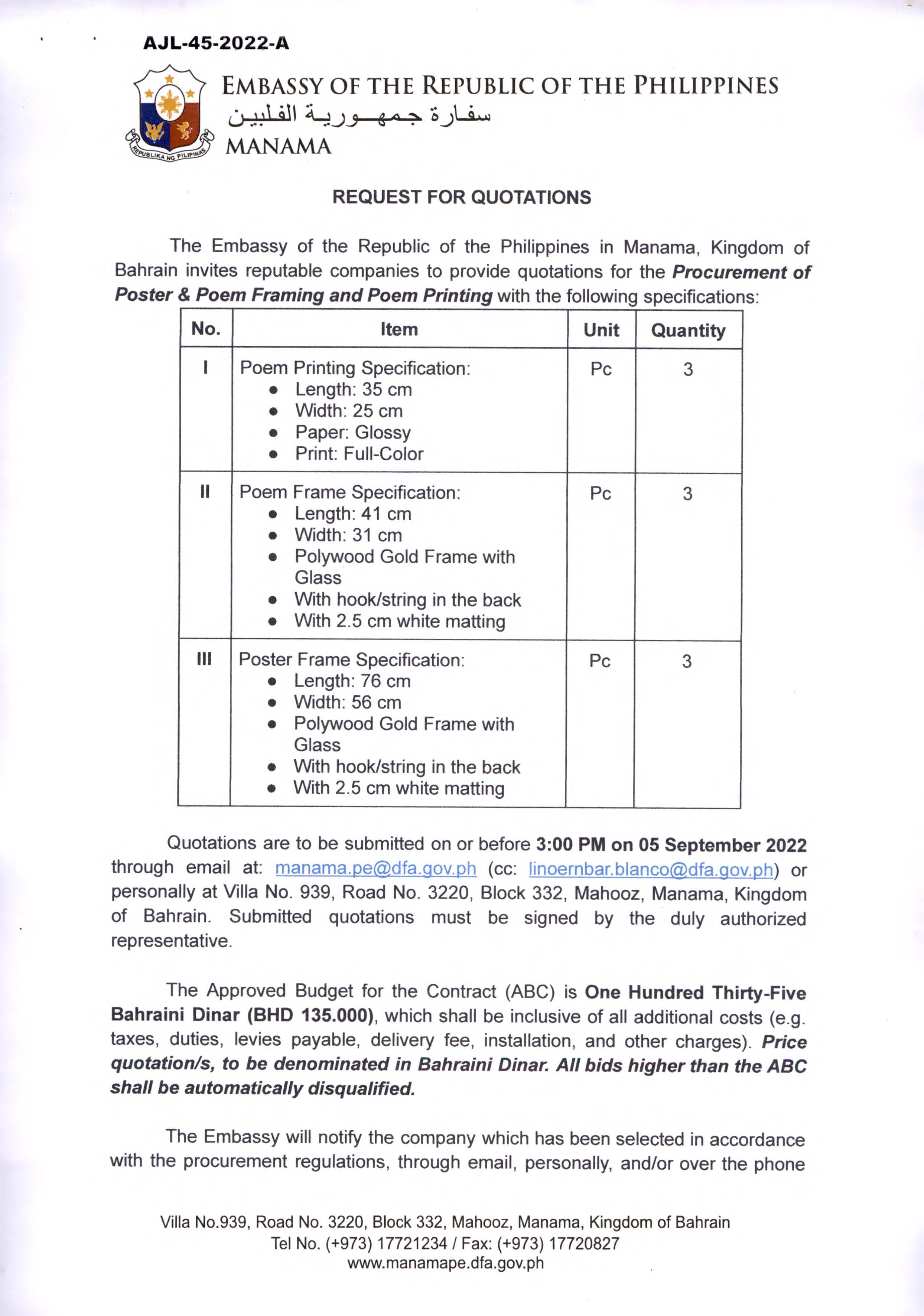 AJL 45 2022 Request Quotations for Procurement of Printing of Poster Poem Framing and Poem Printing Page 1