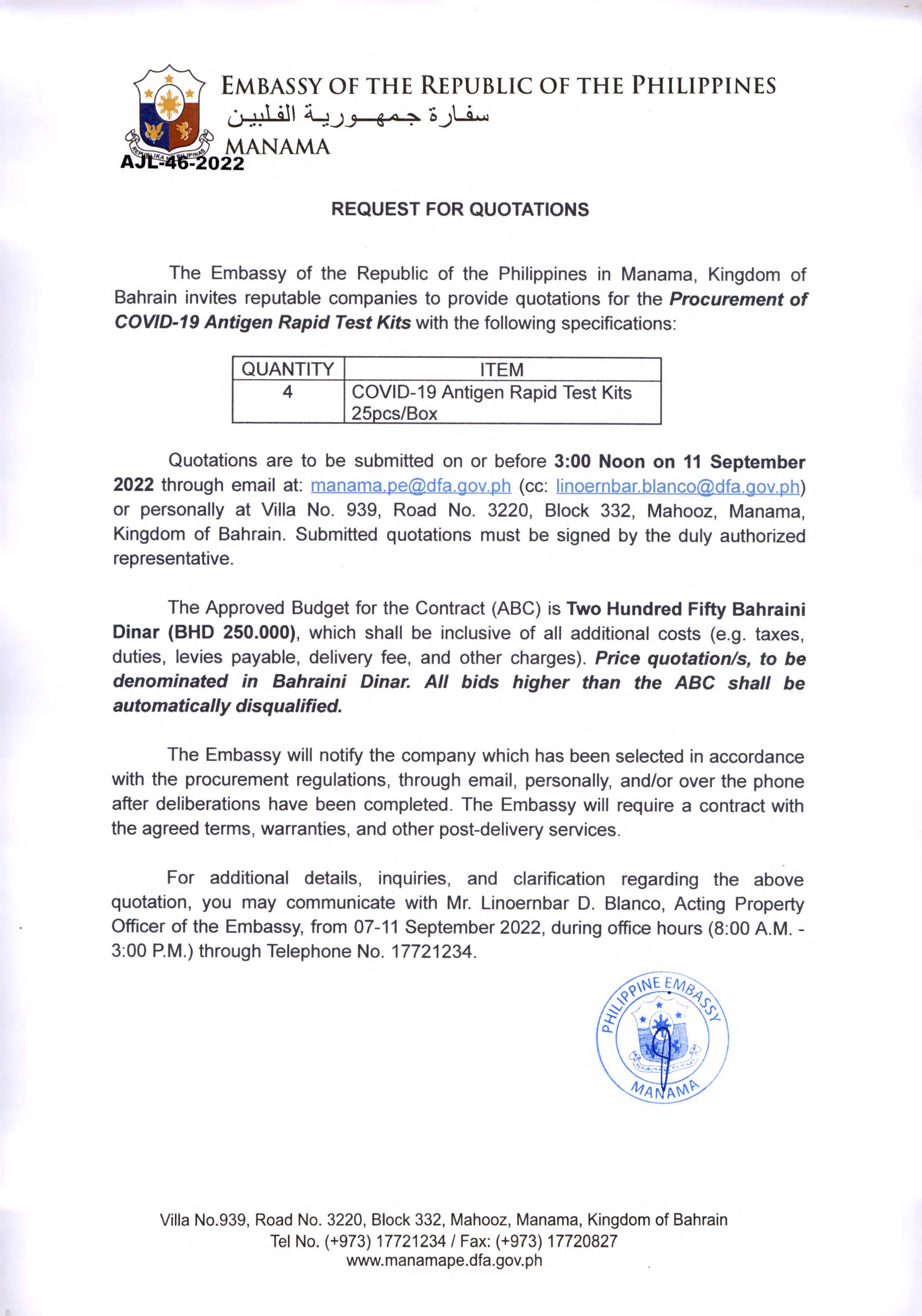 AJL 46 2022 Request Quotations for Procurement of Covid 19 Antigen Rapid Test Kits