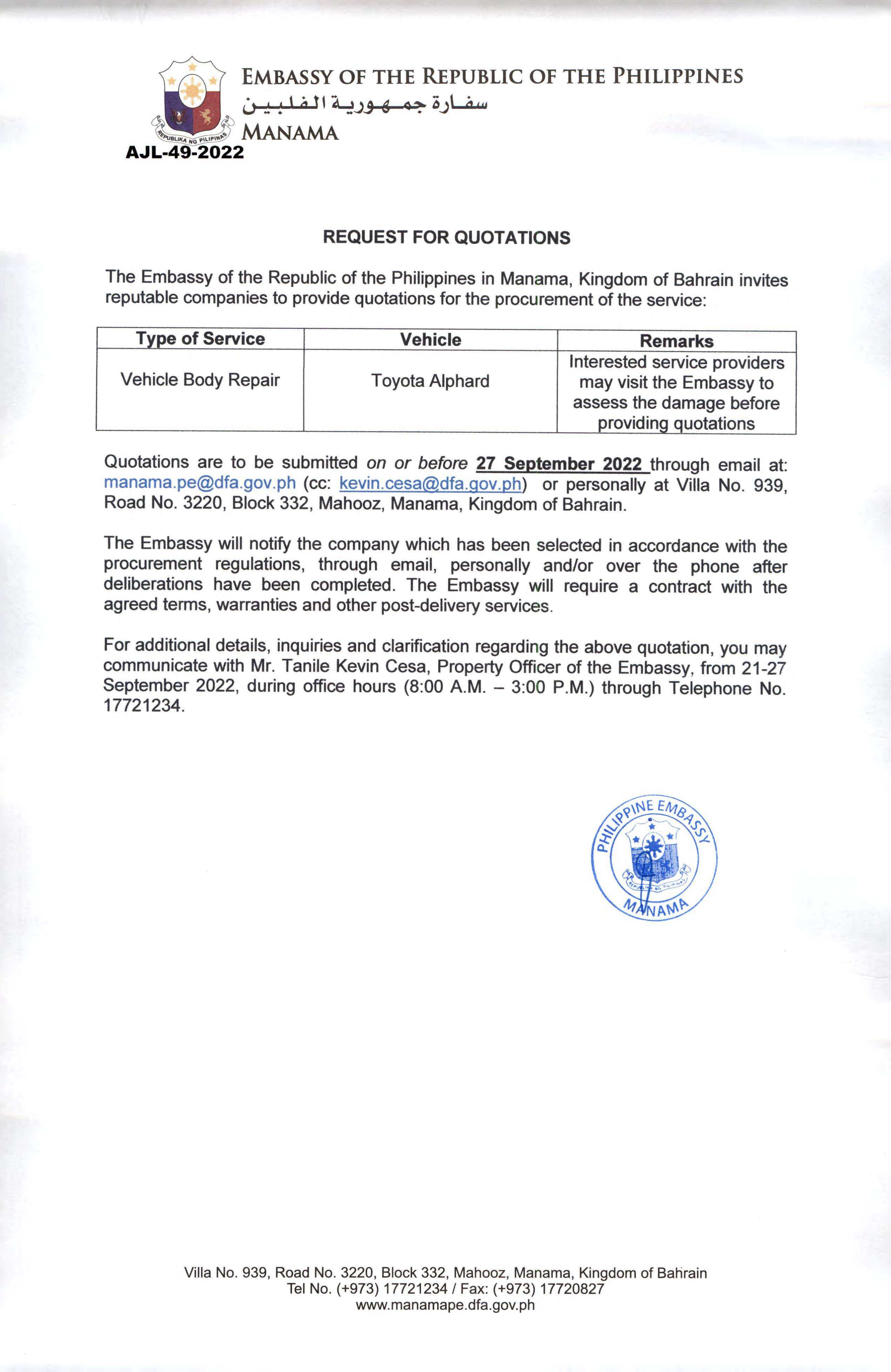 AJL 49 2022 Request Quotations for the Body Repair of Official Body Repair of Embassy Official Vehicle