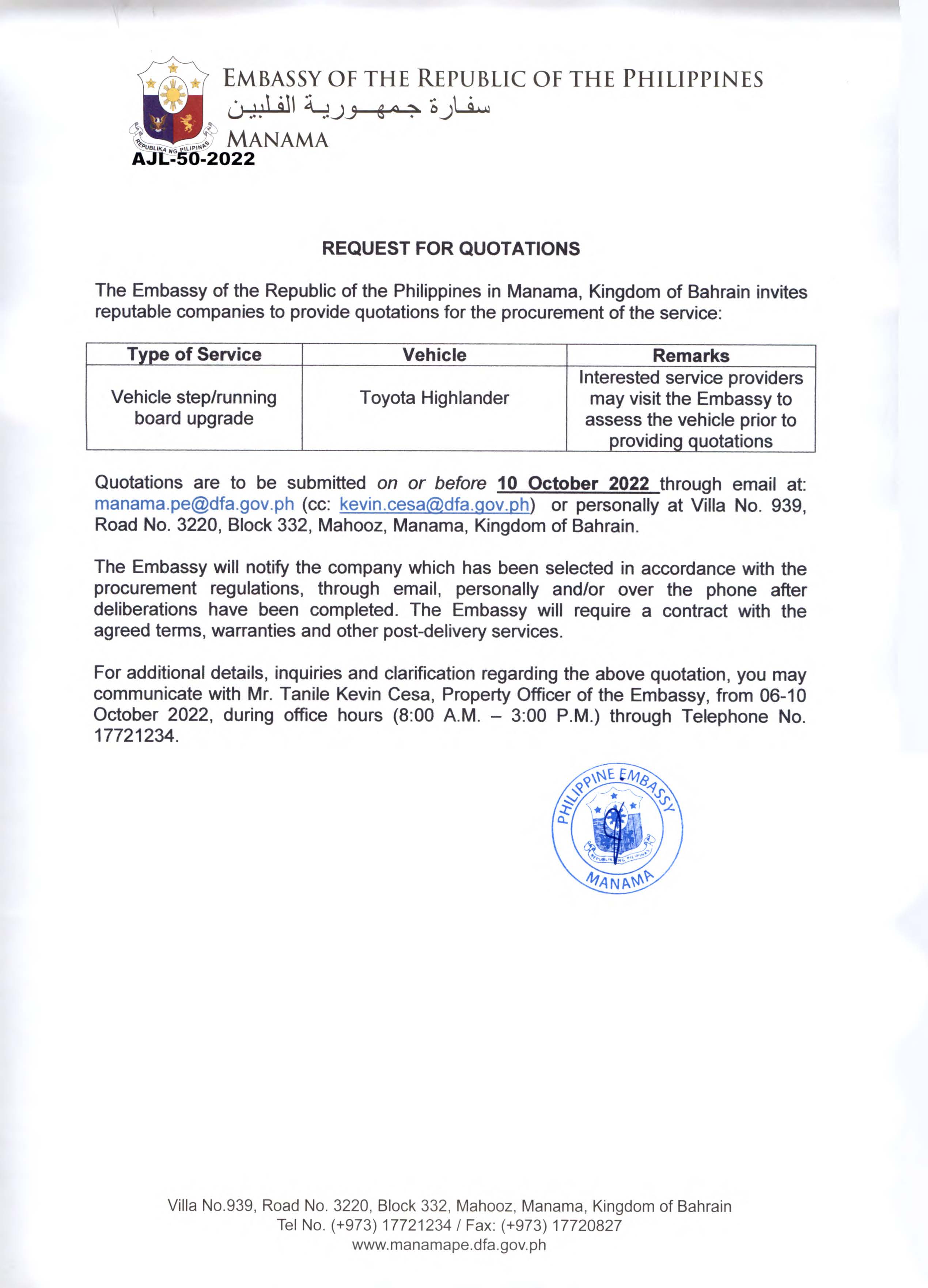 AJL 50 2022 Request Quotations for the Procurement of Vehicle Step Running Board Upgrade for Embassy Official Vehicle