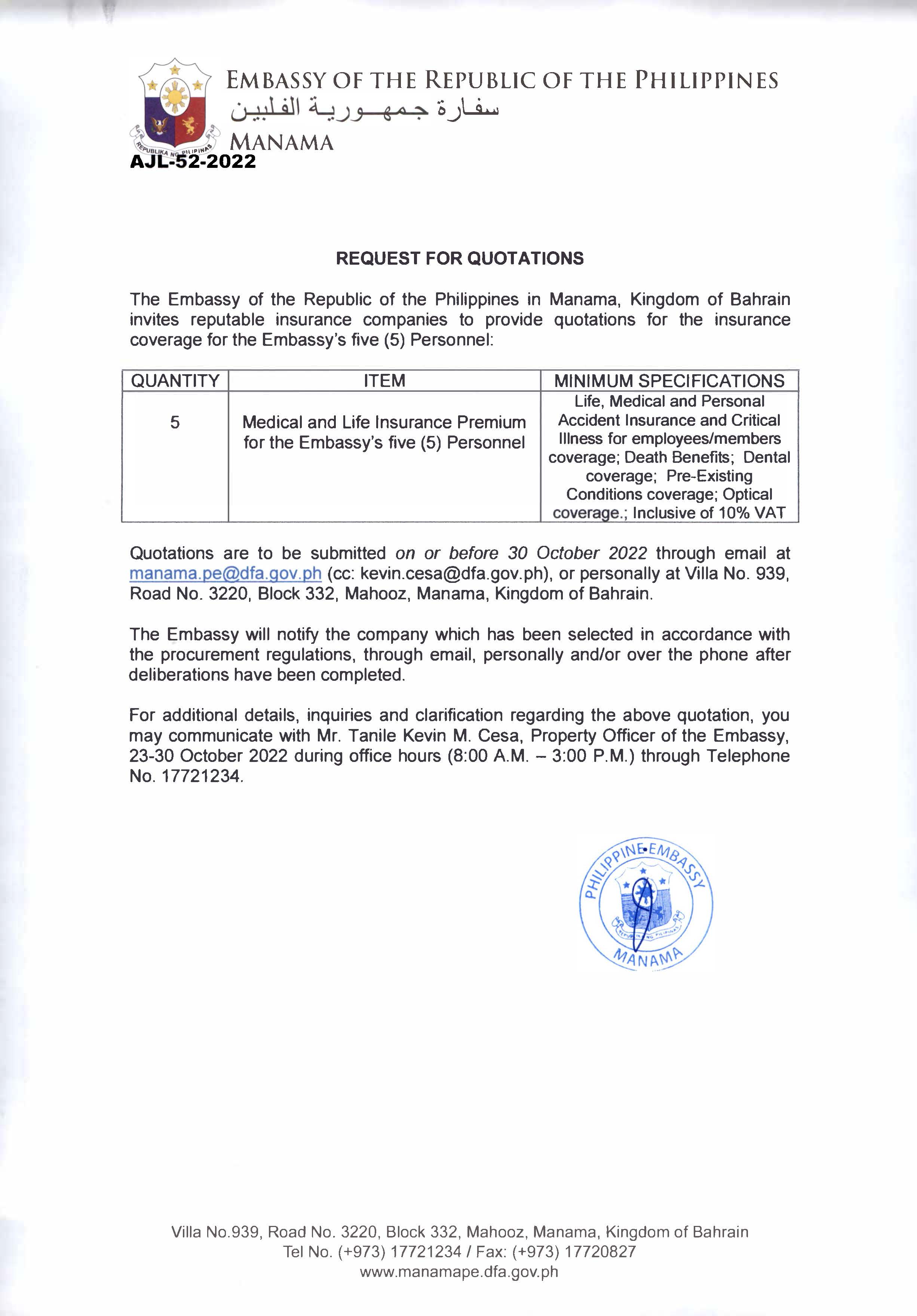 AJL 52 2022 Request Quotations for the Insurance Coverage for the Embassys five 5 Personnel