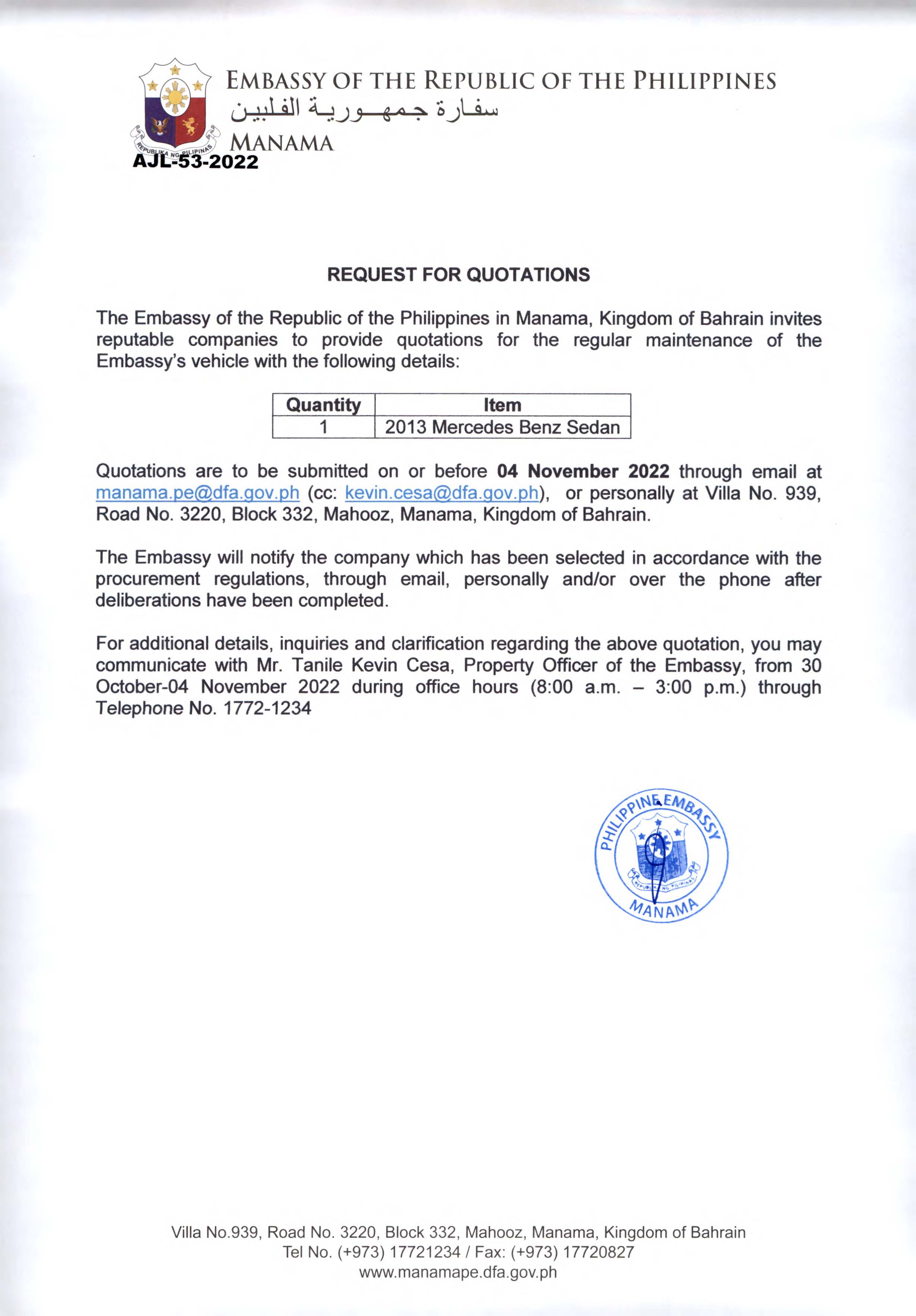AJL 53 2022 Request Quotations for the Regular Maintenance of the Embassy Official Vechicle